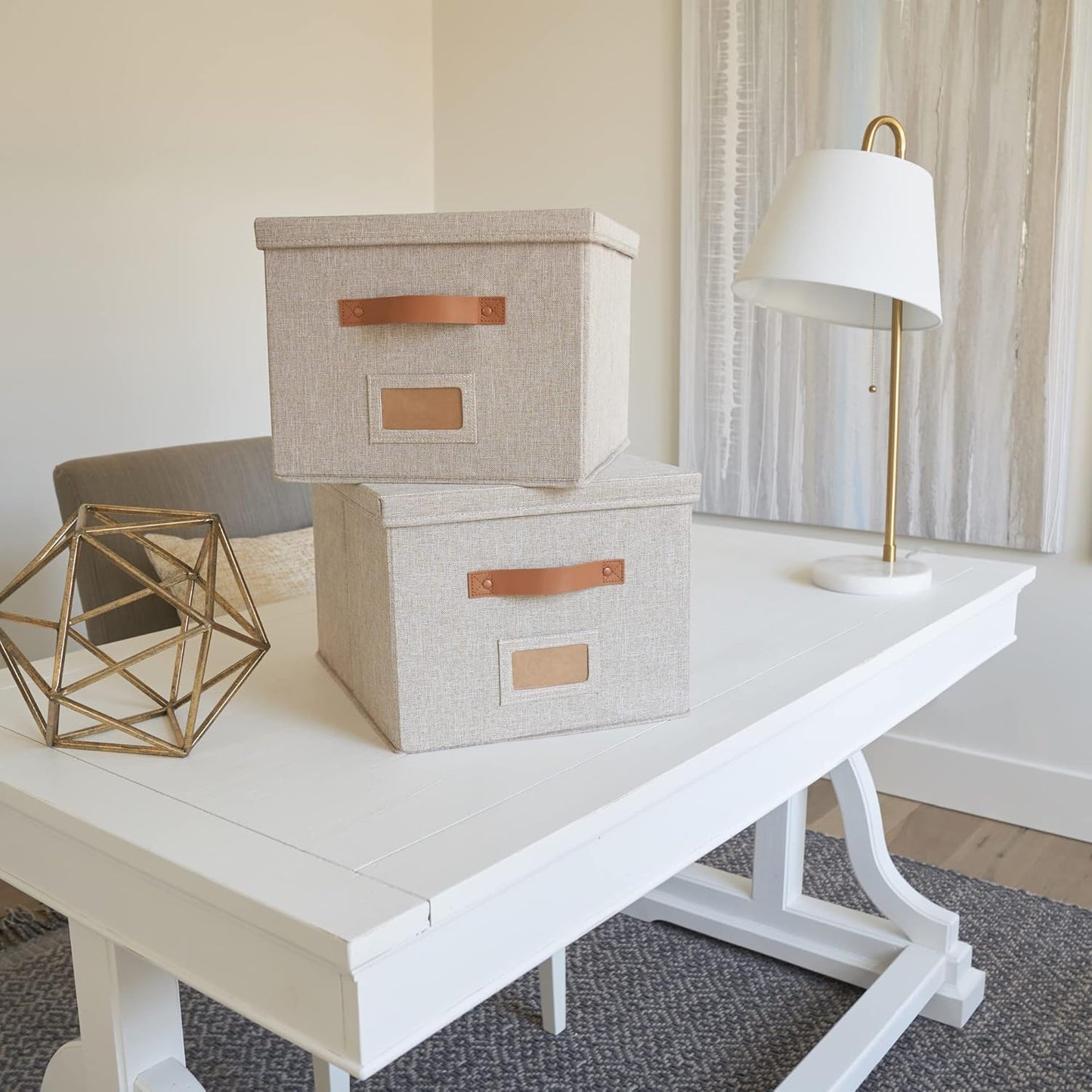 ZICOTO Decorative File Organizer Box Set of 2 - Collapsible Linen Filing Cabinets w/Handles Are Perfect to Store all Your Documents & Hanging File Folders - Portable Easy Slide Crates with Lid