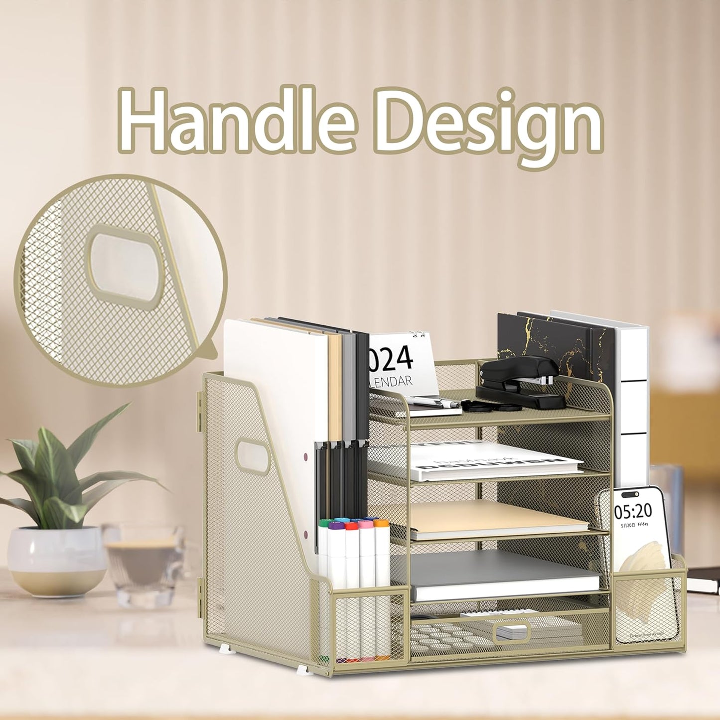 SUPEASY Mesh Desk Organizer with File Holder, 5-Tier Paper Letter Tray Organizer with Magazine Holder, Desktop Organizer and Storage with Drawer for Office Supplies Home or School, Yellow