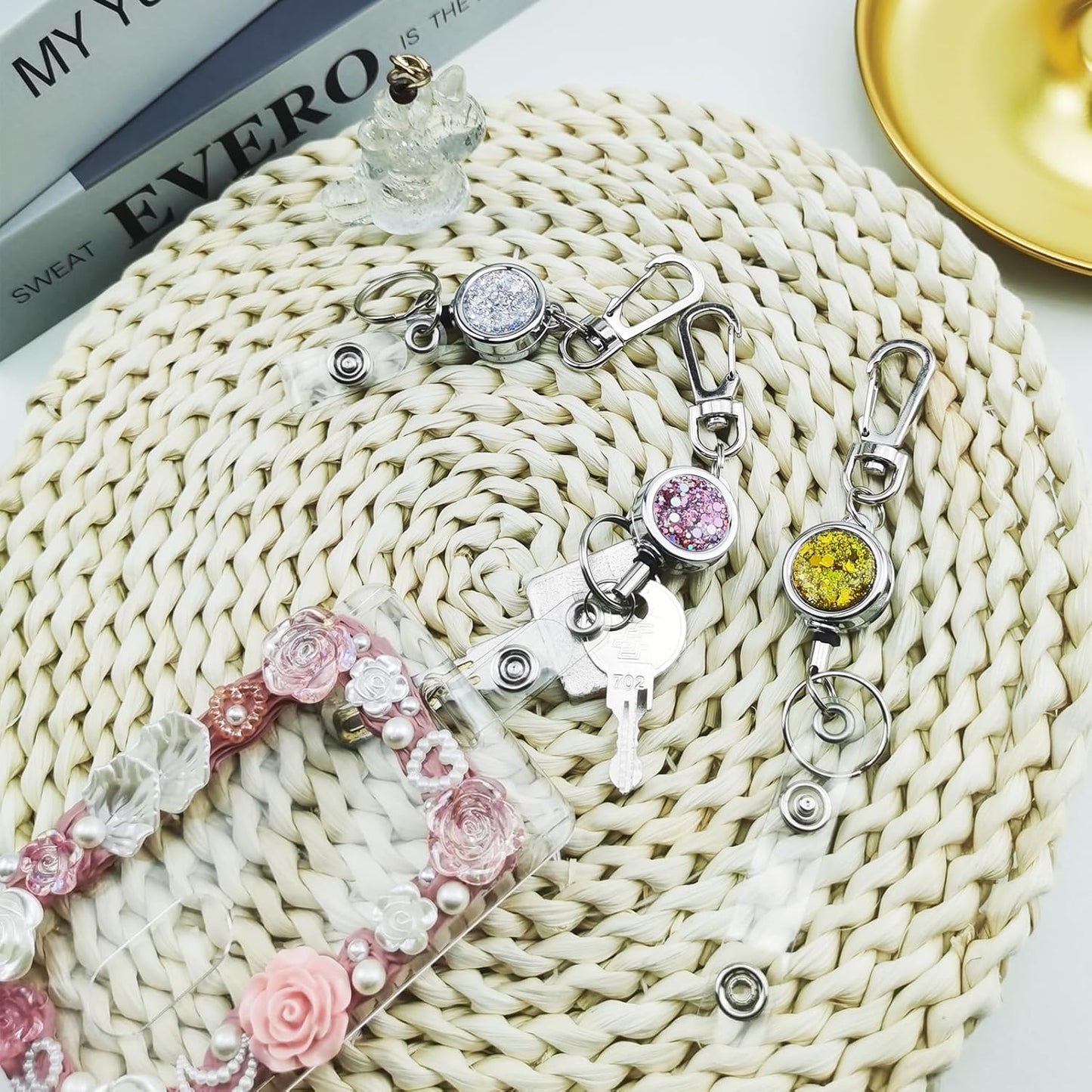 bolimoss Glittery Badge Holder Reel Retractable for Women Girls, Metal Badge Holder with Belt Clip Key Ring and Reinforced Steel Cord for ID Card Keychain (3 Pack Pink)