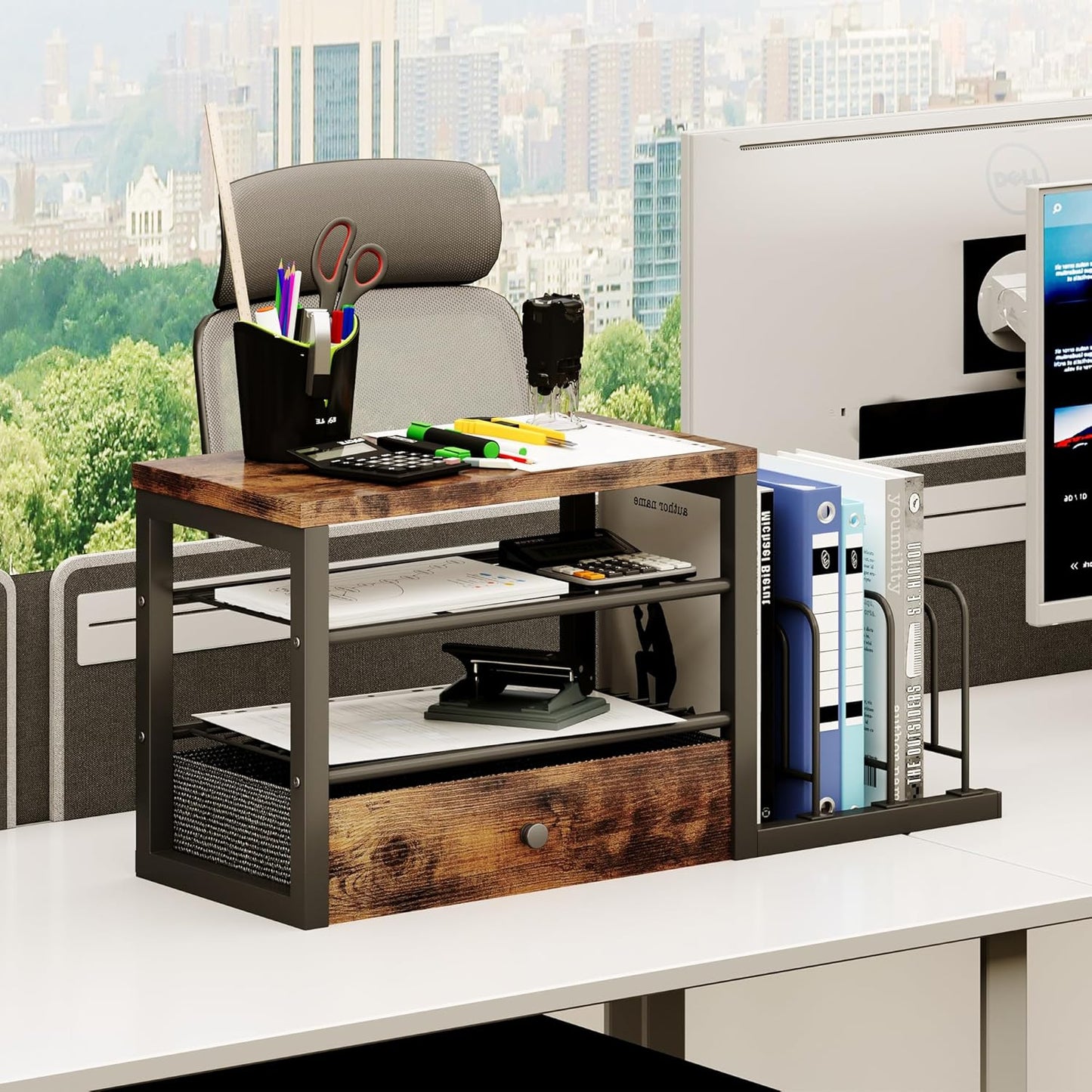 Wood Desk Organizer with Drawers, Desk File Organizer with 3 Vertical File Holders, File Shelf,Storage for Mail, Supplies,Classroom Organization