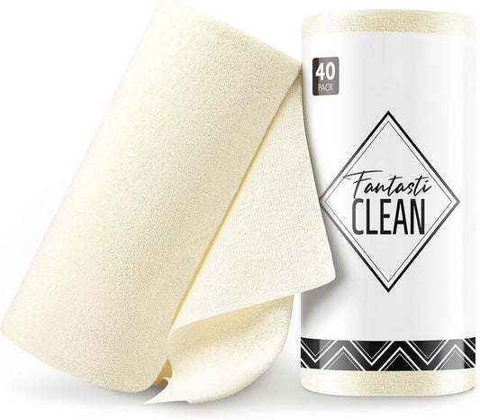 Fantasticlean Microfiber Cleaning Cloth Roll -40 Pack, Tear Away Microfiber Towels, 12" x 12", Reusable, Washable, Scratch Free, Ultra Absorbent Dish Rags for Car, Home, Garage or Shop (Beige)