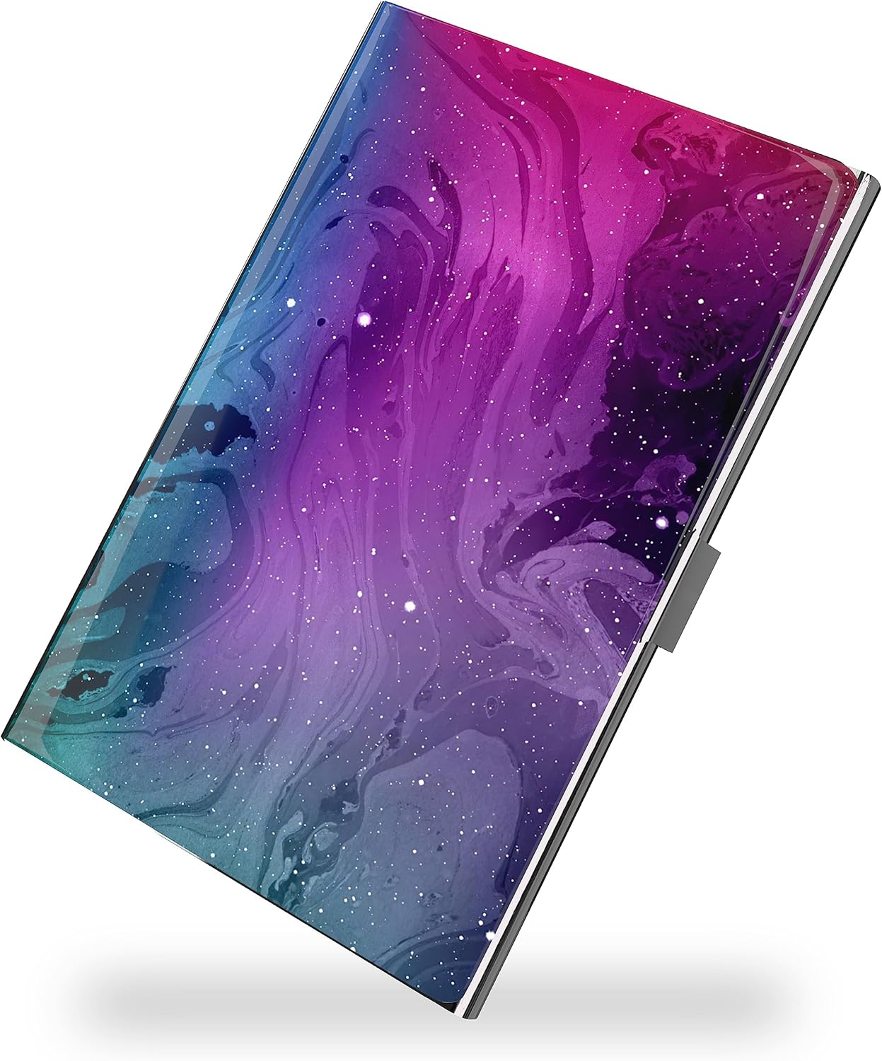 Business Card Metal Slim Organizer, Professional Stainless Steel Square Pocket Wallet for Office Workers, Compact and Portable for Pockets (Purple Starry Sky)