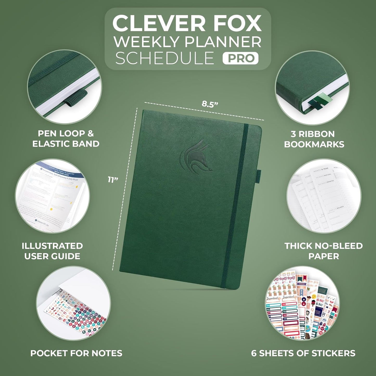 Clever Fox Planner PRO Schedule – Undated Weekly & Monthly Life Planner with Time Slots, Appointment Book & Daily Organizer, A4 (Forest Green)