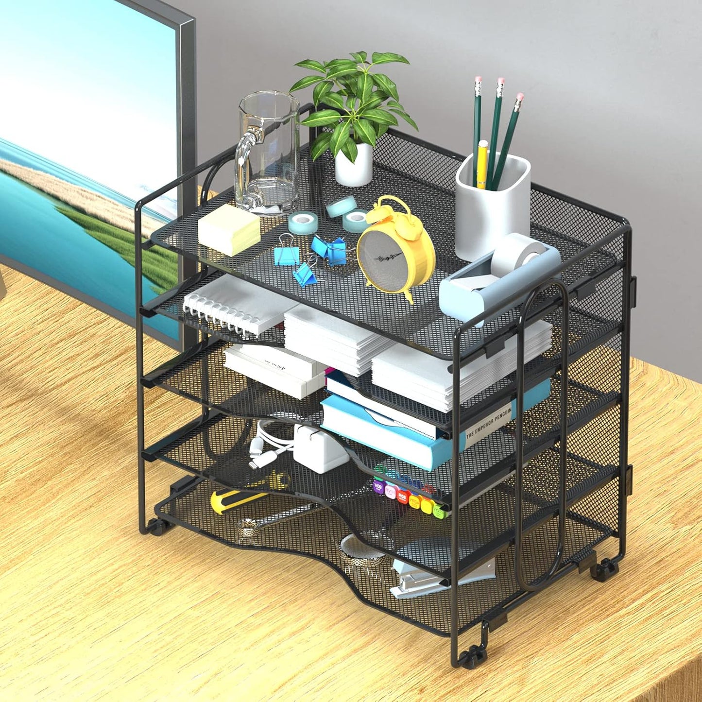 Letter Tray Paper Organizer, 5 Tier Desk Organizers Black Mesh Stackable Paper File Holder for Home Office, Document Shelves and Sorter 13.4Lx9Wx12.6H inches