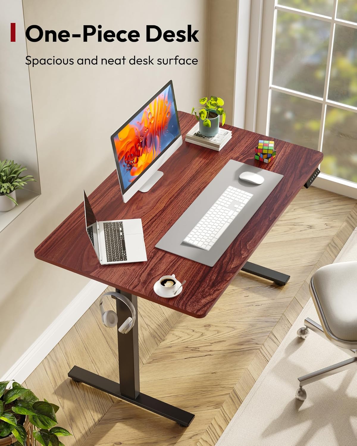 SANODESK Electric Standing Desk 48 x 30 Inches Whole-Piece Desktop Height Adjustable Stand Up Desk w/6-Button Controller Ergonomic Computer Desk for Home Office, Black Frame + Mahogany Tabletop