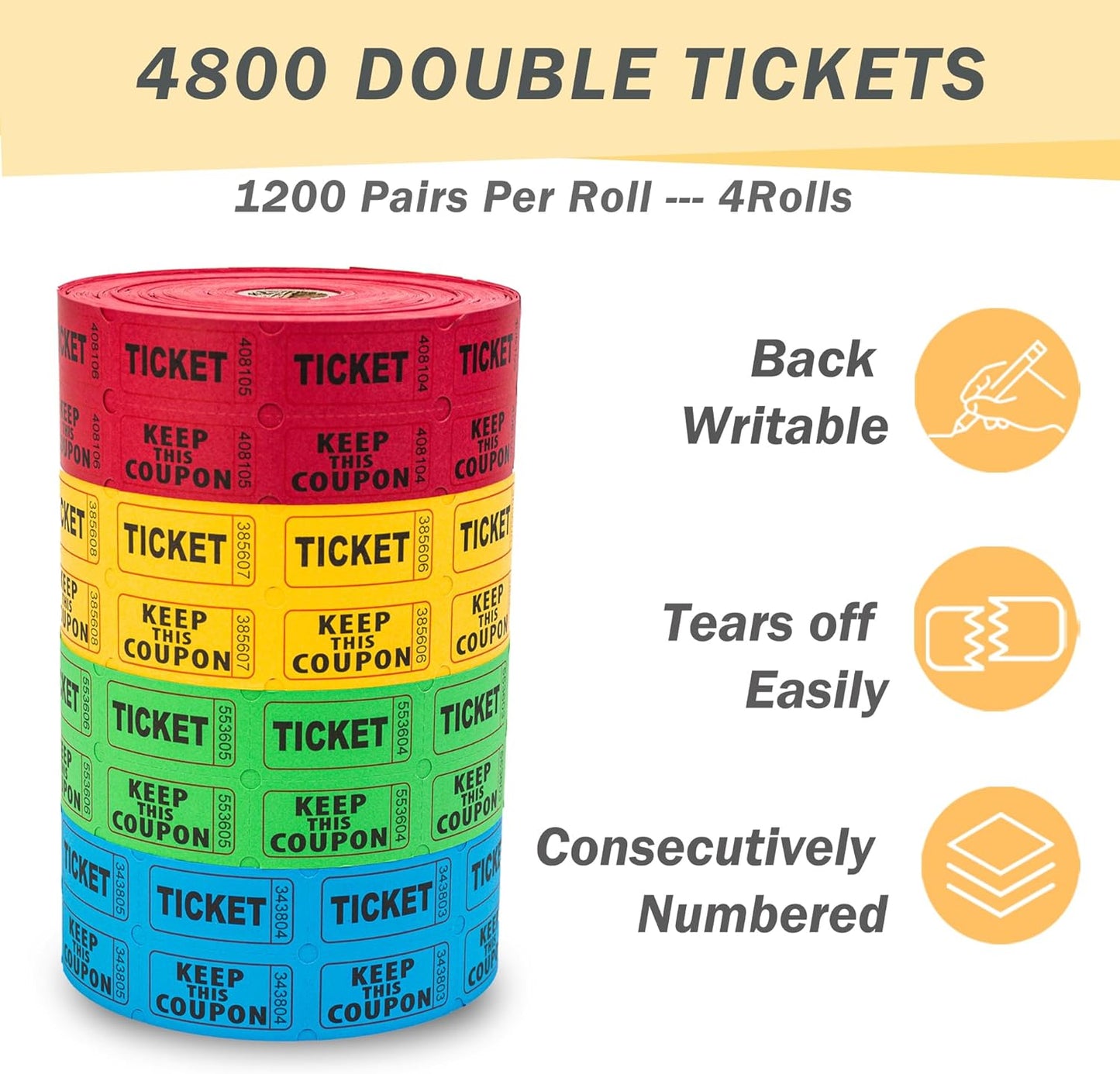 4800 Double Raffle Tickets, 1200 Tickets Per Roll, Assorted 50/50 Raffle Tickets Roll for Events, Entry, Carnivals, and Door Prizes (Blue/Red/Green/Yellow)