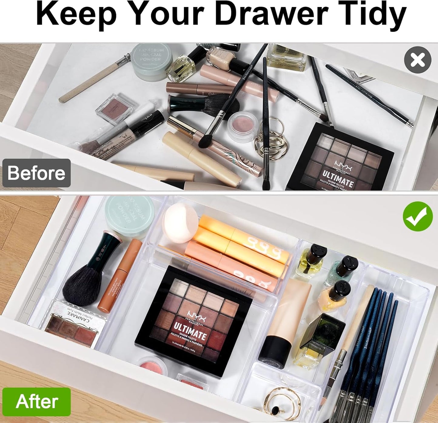 Stackable Acrylic Drawer Organizer Set, 11 PCS Multi-Size Storage Bins for Makeup, Office Desk, Bathroom, Vanity and Kitchen Utensils