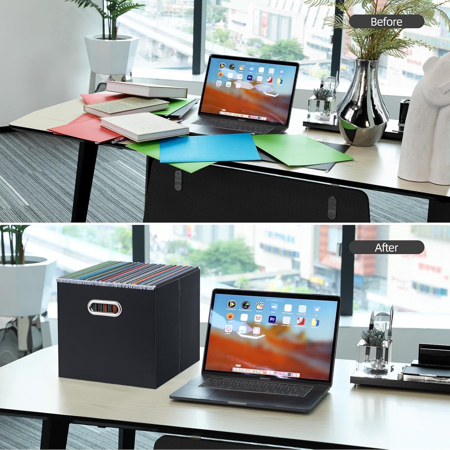 Oterri File Organizer, 1 Pack Large Storage Box, Cardboard File Folder Organizer, Collapsible File Box for Hanging File Folders Letter Size, Portable Filing Organizer with Handle (Black)