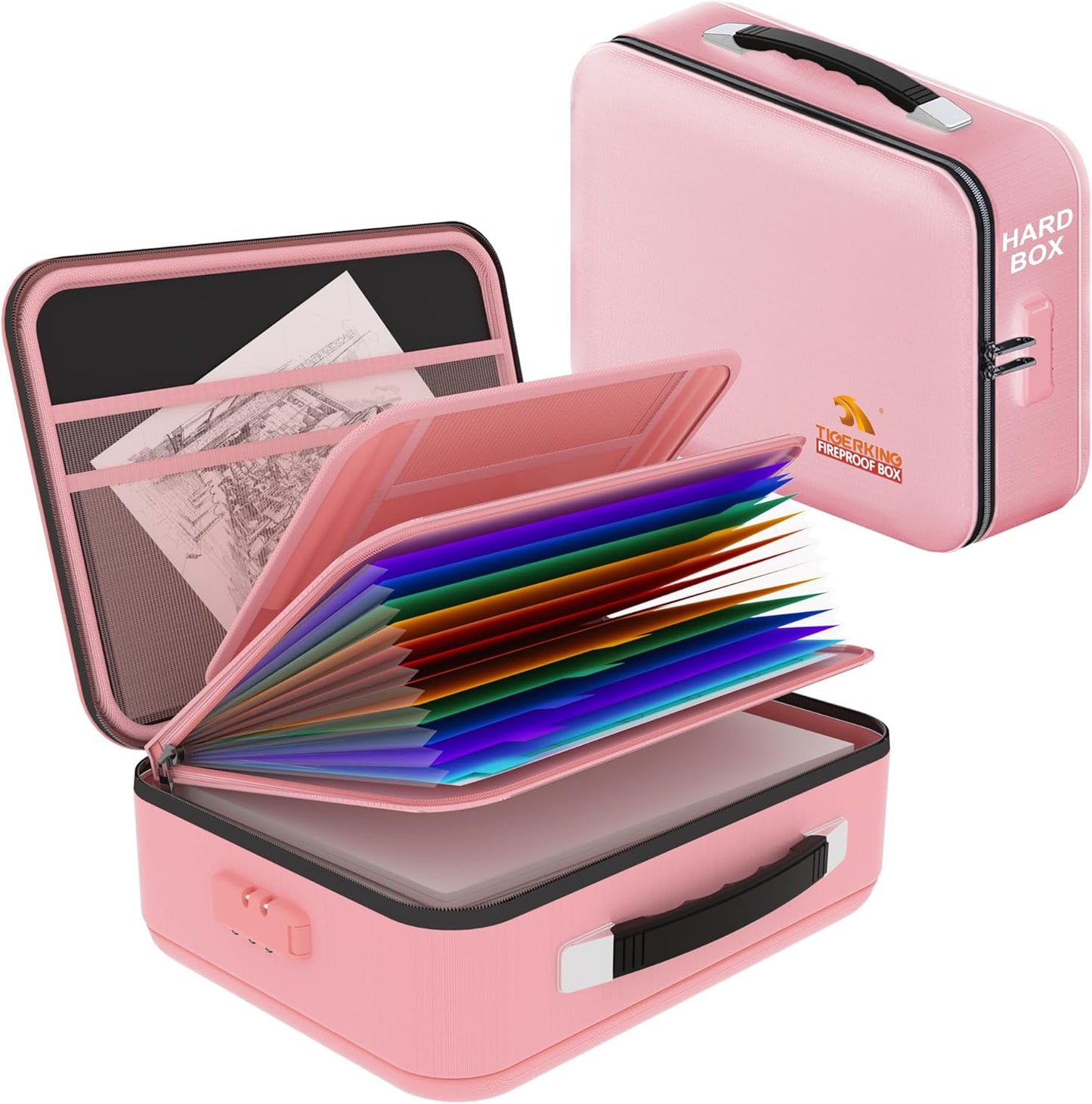 TIGERKING Fireproof Document Box Hard Case with Water-Resistant Zipper, Fireproof File Box with Lock, Document Safe Boxs for Important Documents, Certificates - Pink File Organizer