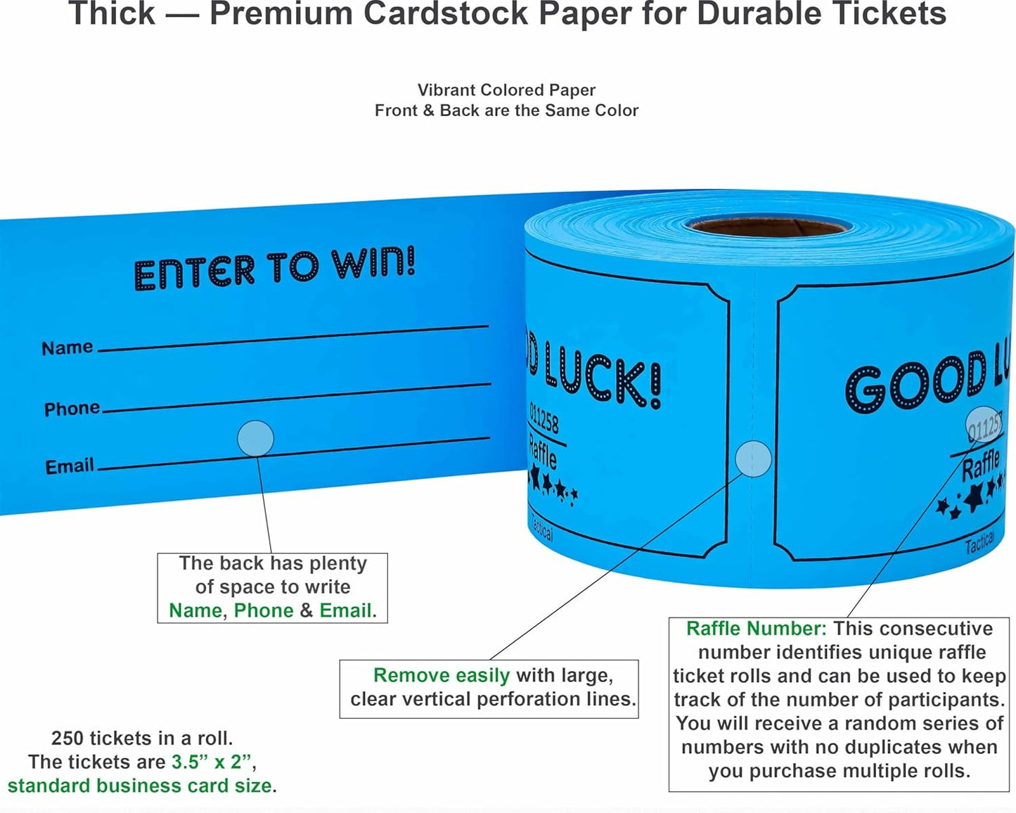 Tacticai 250 Raffle Tickets, Blue (1 of 8 Colors), Raffle Cards, Entry Form with Name, Phone & Email for Events, Fundraiser & Prizes