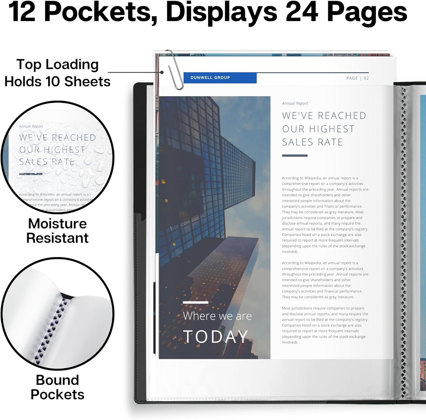 Dunwell Presentation Binder 12-Pocket, Displays 24 Pages, 8.5x11 Portfolio Binder with Plastic Sleeves, Storage and Organizer for Documents, Certificates, Projects, Photos (Blue)