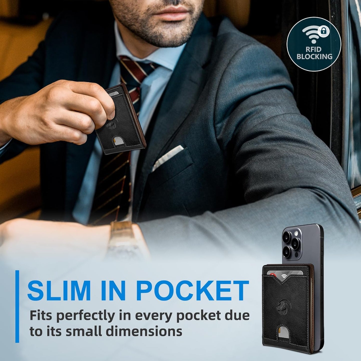 Wallet for Men Wallet with Cash Pocket 2 ID Window 13 Cards,Slim Leather Wallet Front Pocket Card Holder RFID Blocking with Gift Box