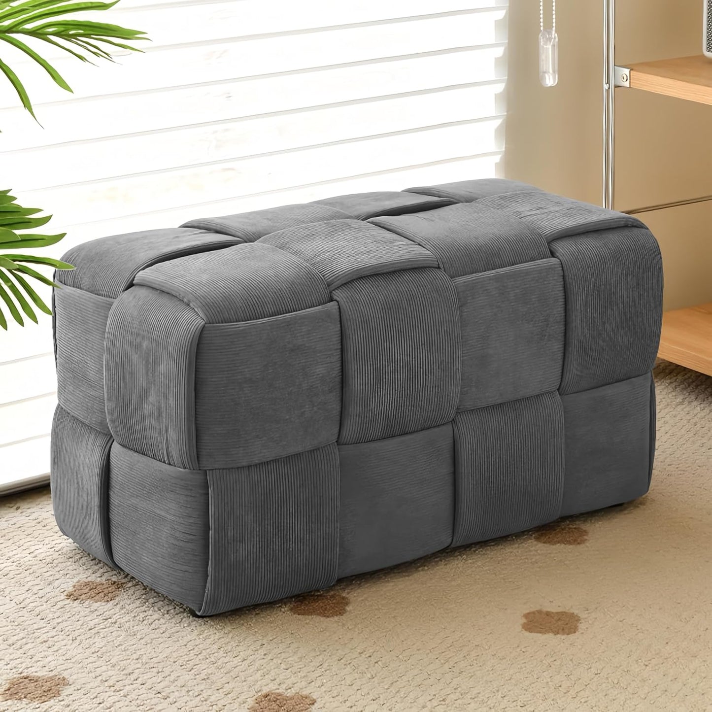 Ottoman Foot Rest Soft and Comfortable Ottoman Square Corduroy Woven Design Sofa Stool (Grey-L)