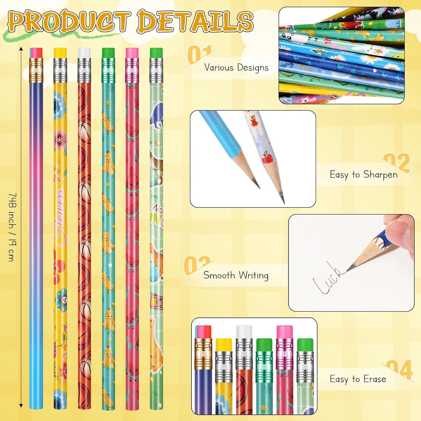 Sabary 100 Pcs Assorted Wood Pencil Bulk 50 Styles #2 HB Colorful Novelty Fun Dinosaur Animals Fruits Sports Pencils with Erasers Back to School Supplies for Kids Student Teacher Classroom Reward