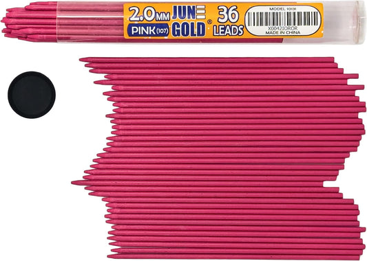 June Gold 36 Pink (Taffy #107) Colored 2.0 mm Lead Refills, Bold Thickness for Heavy Use, Break Resistant with a Convenient Dispenser