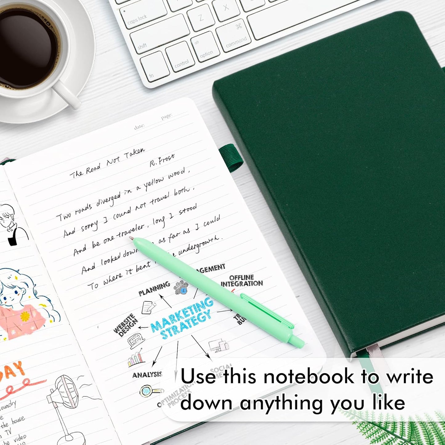 feela 5 Pack Journal Notebook Bulk for School, Hardcover Business Notebooks Classic Ruled Lined Journals with Pen Holder for Work Note Taking, with 5 Black Pens, 120 GSM, 5.1”x8.3”, A5, Dark Green