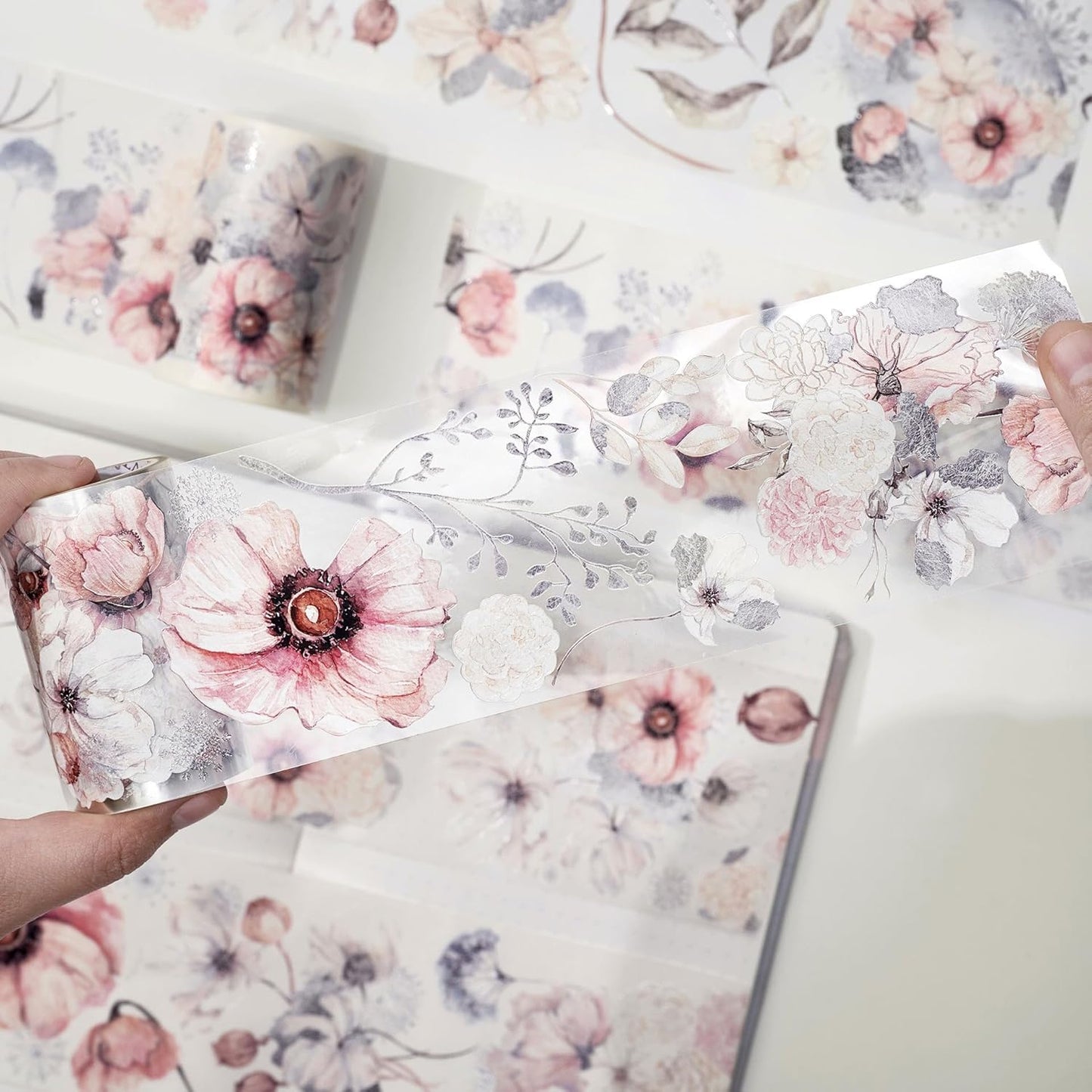 WT Frostbloom Wide PET Tape, Single Roll, Original Floral Designs, Winter Flowers, Clear Transparent Adhesive Tape for Junk Journals, Scrapbooks, Bujo, Planners, DIY Crafts, Art Stationery