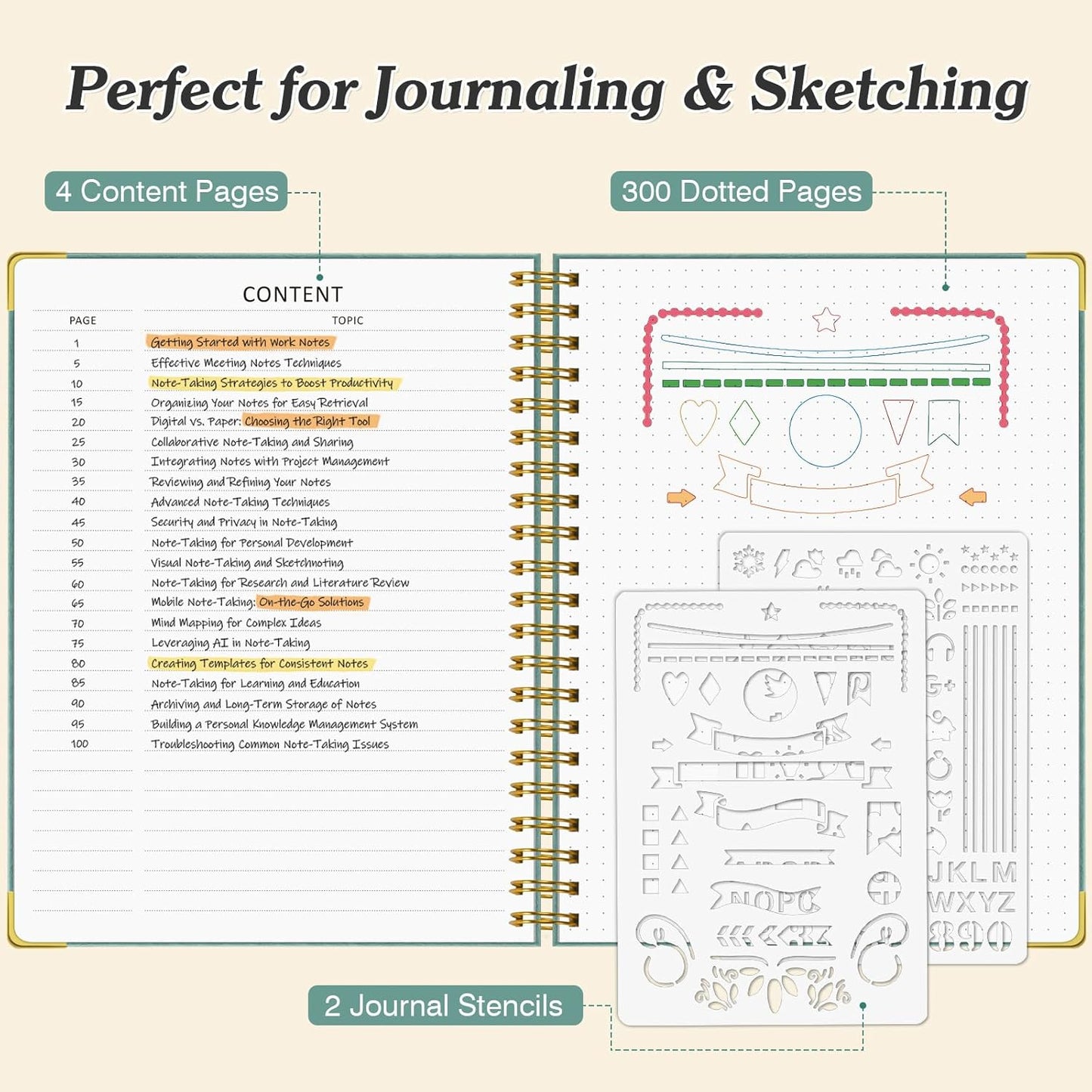 Bullet Dotted Journal Spiral Notebook, 300 Pages Leather Notebooks with Contens, 120 GSM Thick No Bleed Through Paper Journals, A5 Dot Grid Notebook for Women Men Work Writing, 5.5" x 8", Light Blue