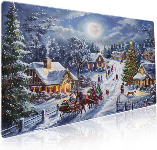 Christmas Gaming Mouse Pad XXL Xmas Tree Deer Snowflake Extended Winter Holiday Large Mat Mousepad Desk Pad Non-Slip Rubber Base Stitched Edge Keyboard Pad Playmat for Computer,35.4×15.7 Inch