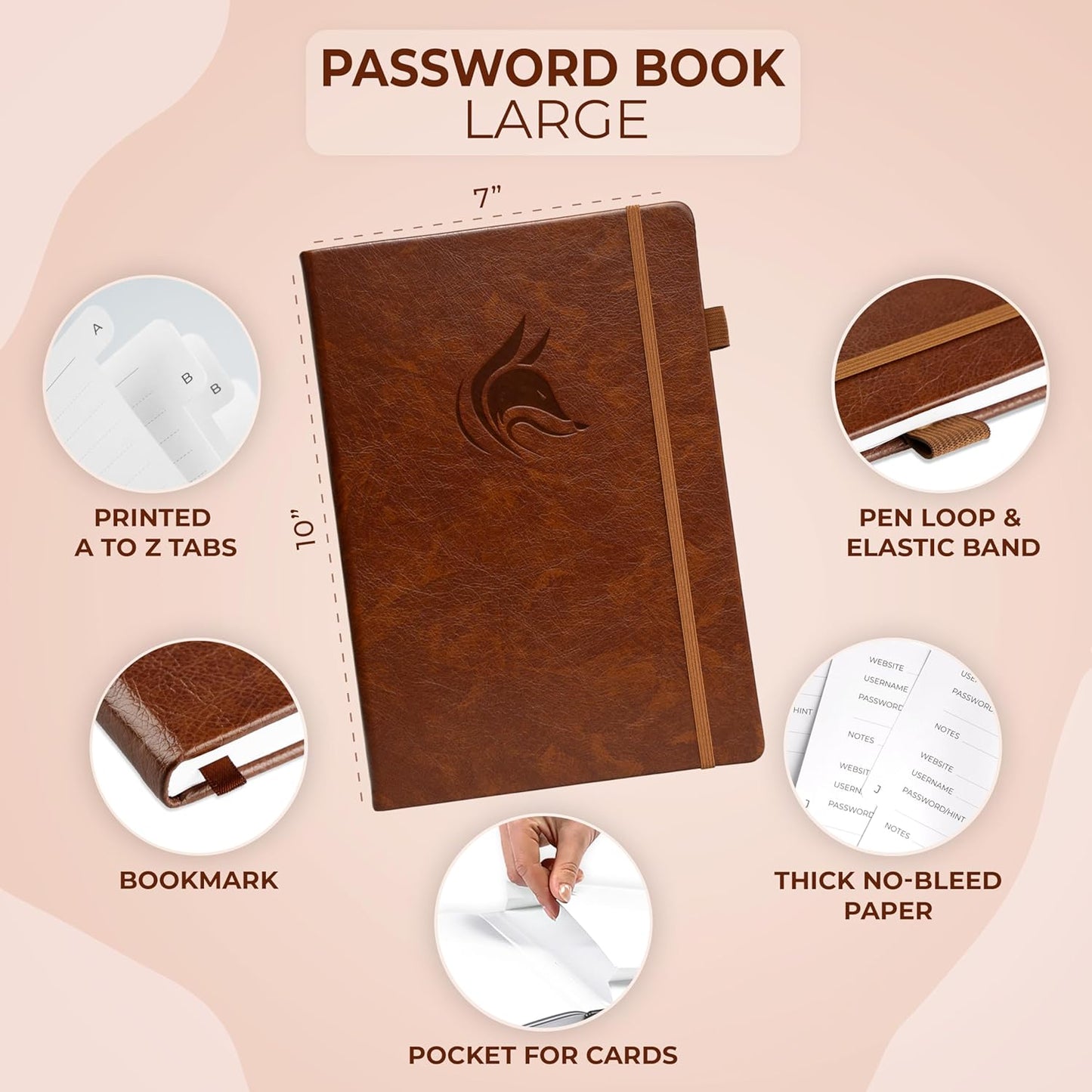 Clever Fox Password Book with alphabetical tabs. Internet Address Organizer Logbook. Large Password Keeper for Website Logins (Brown)