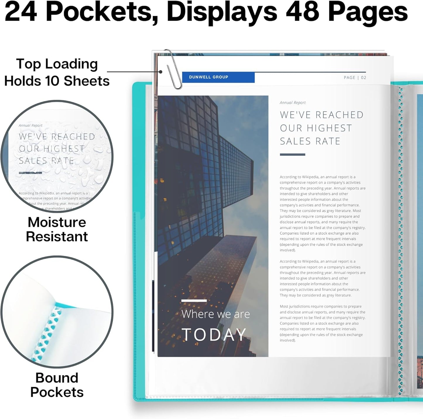 Dunwell Presentation Binder 24-Pocket, Displays 48 Pages, 8.5x11 Portfolio Binder with Plastic Sleeves, Storage and Organizer for Documents, Certificates, Projects, Photos (Aqua)