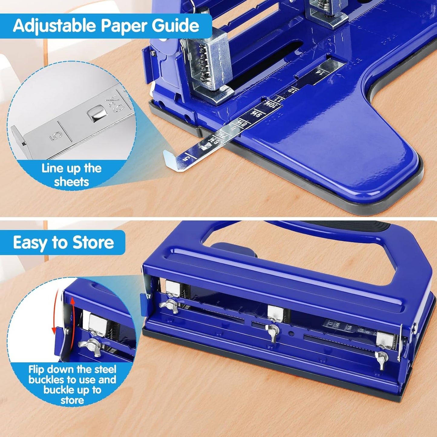AFMAT 3 Hole Punch, Metal Heavy Duty Paper Punch with 50-Sheet Capacity and Removable Punch Heads for 2 Hole Punch Function, Large Chip Tray, Blue