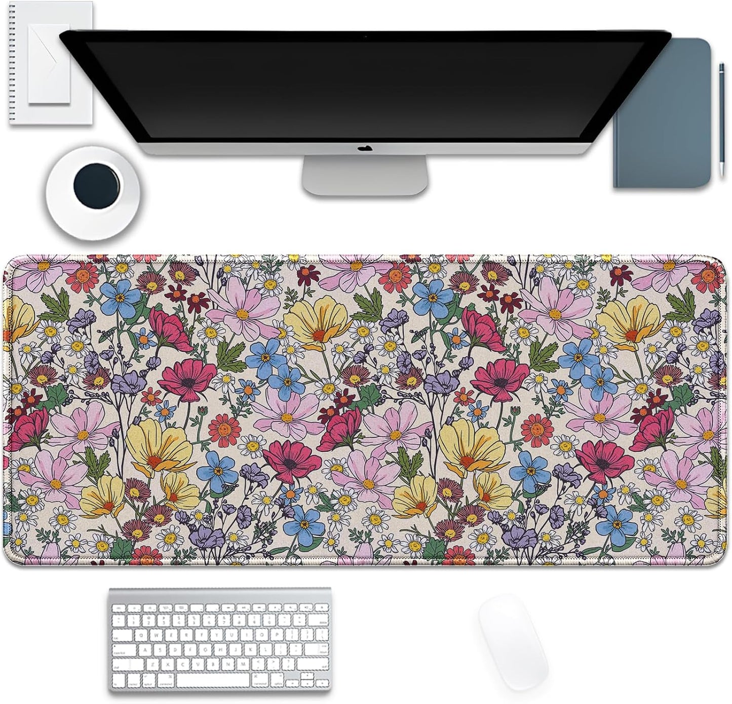 Colorful Flowers Mouse Pad,Large Floral Mousepad Desk Pad with Stitched Edges,Non-Slip Waterproof Rubber Base Mouse Mat for Office Computer Keyboard Laptop Home(27.5x11.8 in)