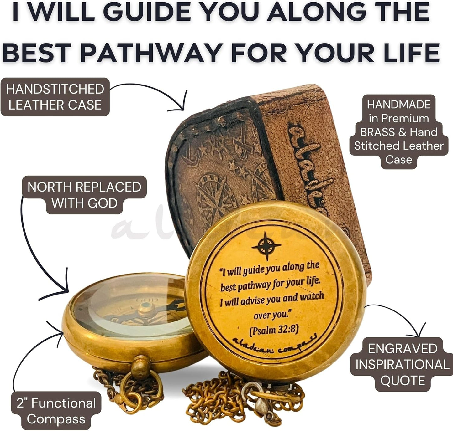 Divine Path Engraved Compass - I Will Guide You - Psalm 32:8" Quote | Inspirational Gifts for Men Women, Uplifting Spiritual Heavenly Faith Gift Boys Girls