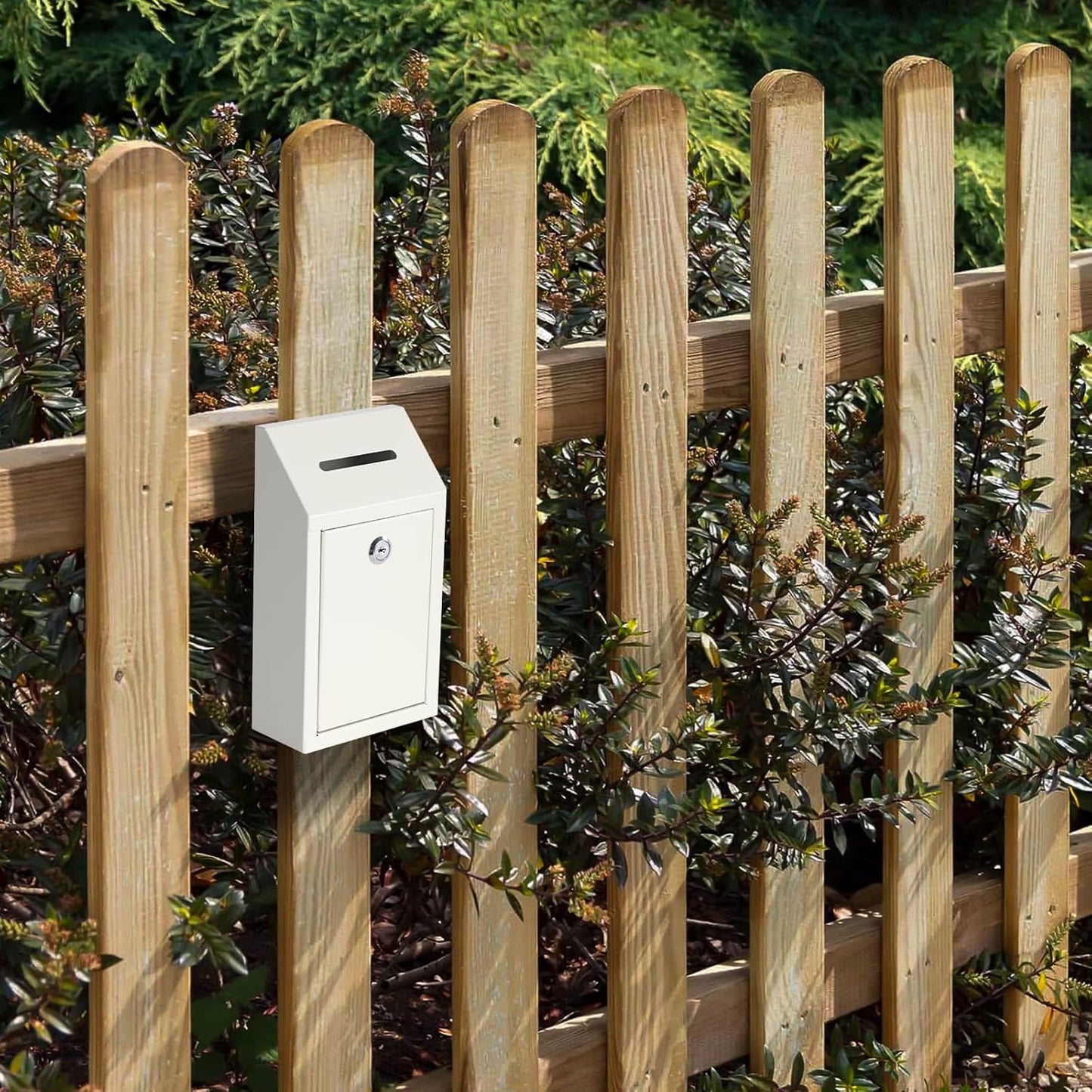 KYODOLED Money Cash Drop Box with Lock, Metal Donation and Suggestion Box with Slot Wall Mounted for Farm or Office, Home, Outdoor, White, 10.24 x 5.7 x 2.95 Inch