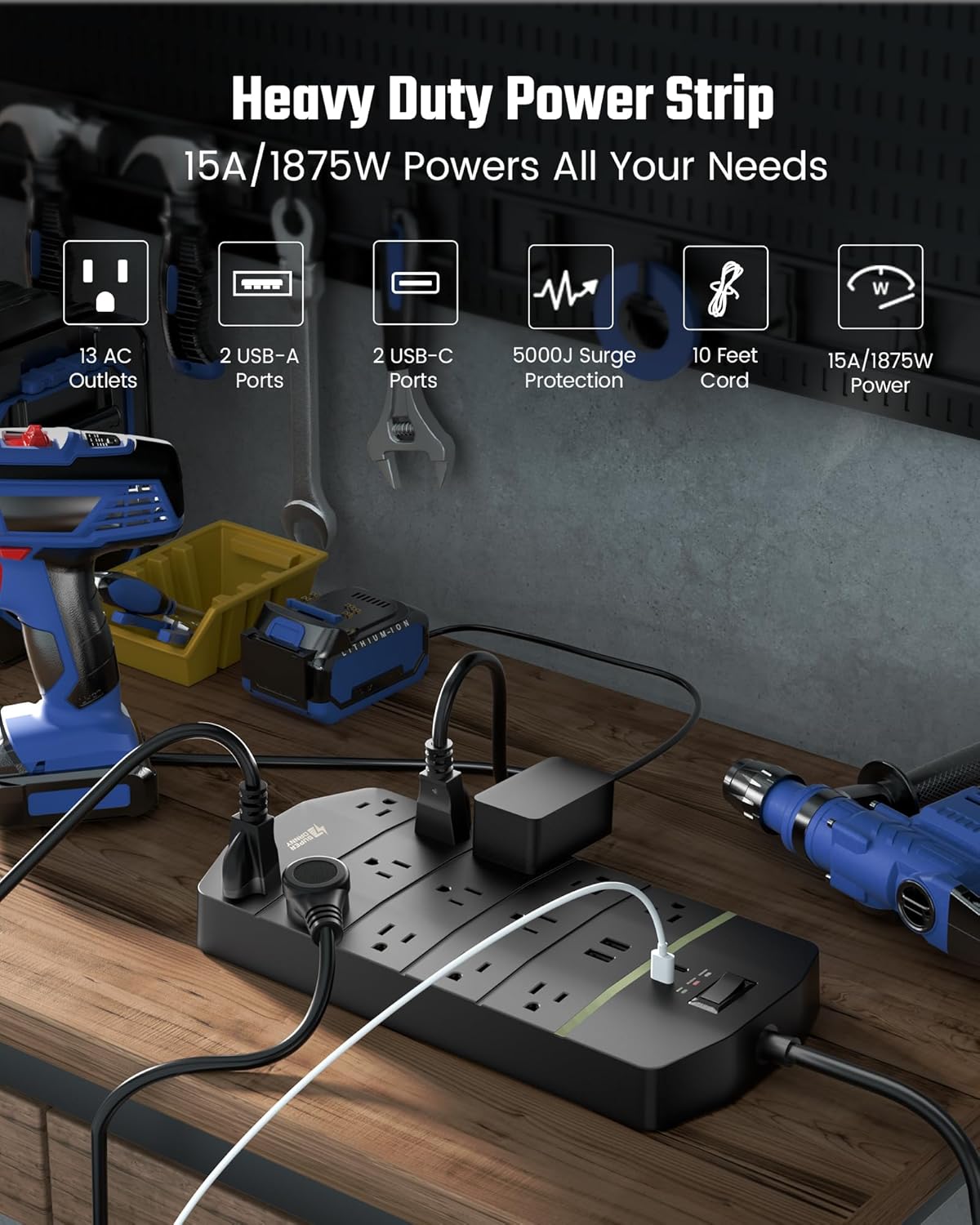 SUPERDANNY 15A Power Strip Surge Protector 5000 J with 13 AC Outlets 2 USB-A & 2 USB-C PD 20W Fast Charging Heavy Duty 14AWG/3C Industrial Grade 10ft Extension Cord for Workbench Home Office Black