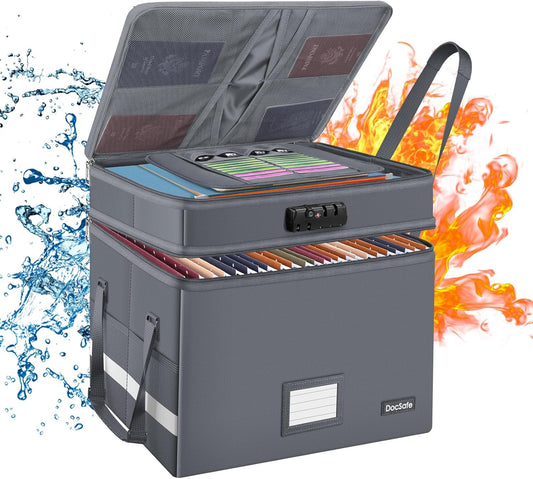 DocSafe File Box with Lock,Multi-Layer Fireproof Document Box Collapsible File Storage Organizer with Pockets/Handle,Large Portable Home Office Filing Box for Hanging Letter/Legal Size Folders,Gray