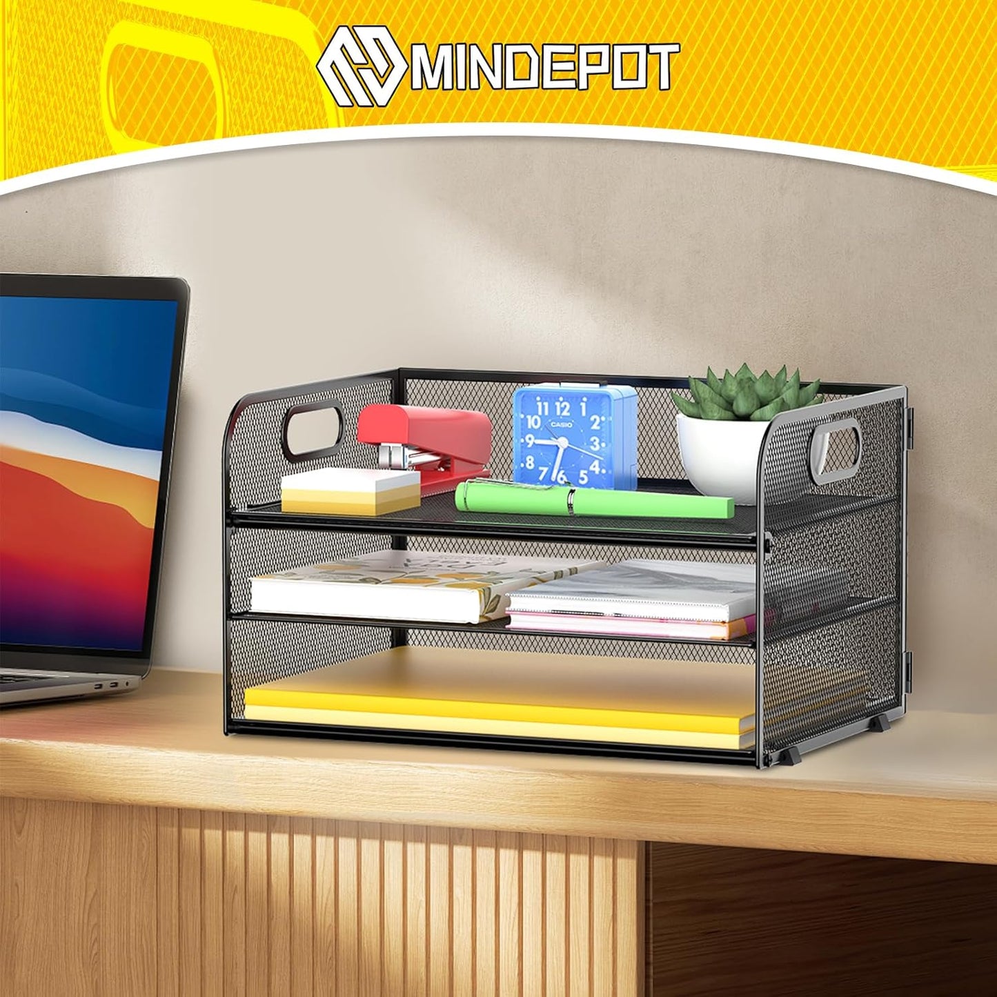 3 Tier Paper Organizer Tray with Handle, Mesh Letter Tray for Office, Home, School (1 Pack), Black