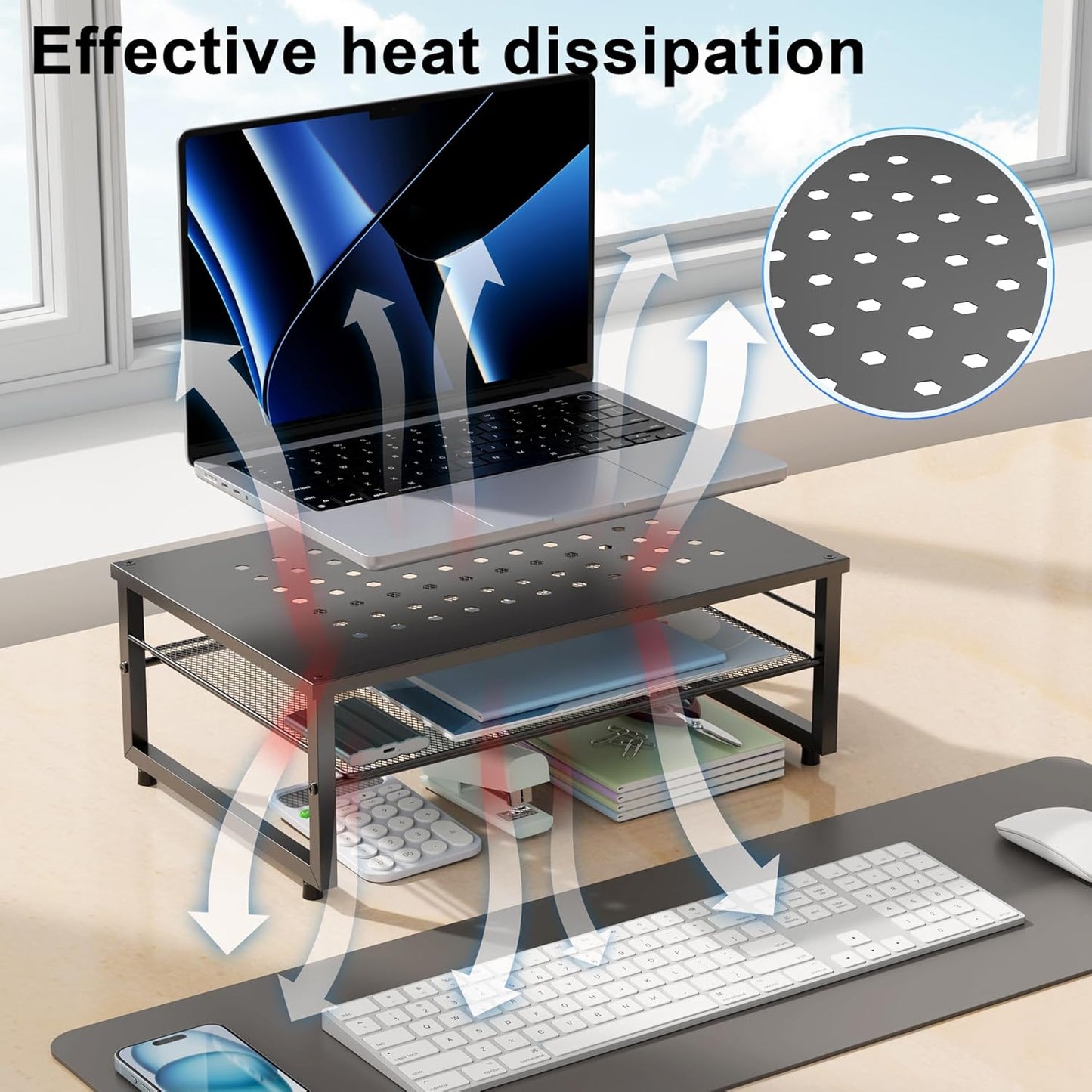 gianotter Desk Organizers and Accessories, 2-Tier Metal Monitor Stand Riser, Desk Organizer for Monitor, Office Desk Storage Organizer for Office Supplies (Black)