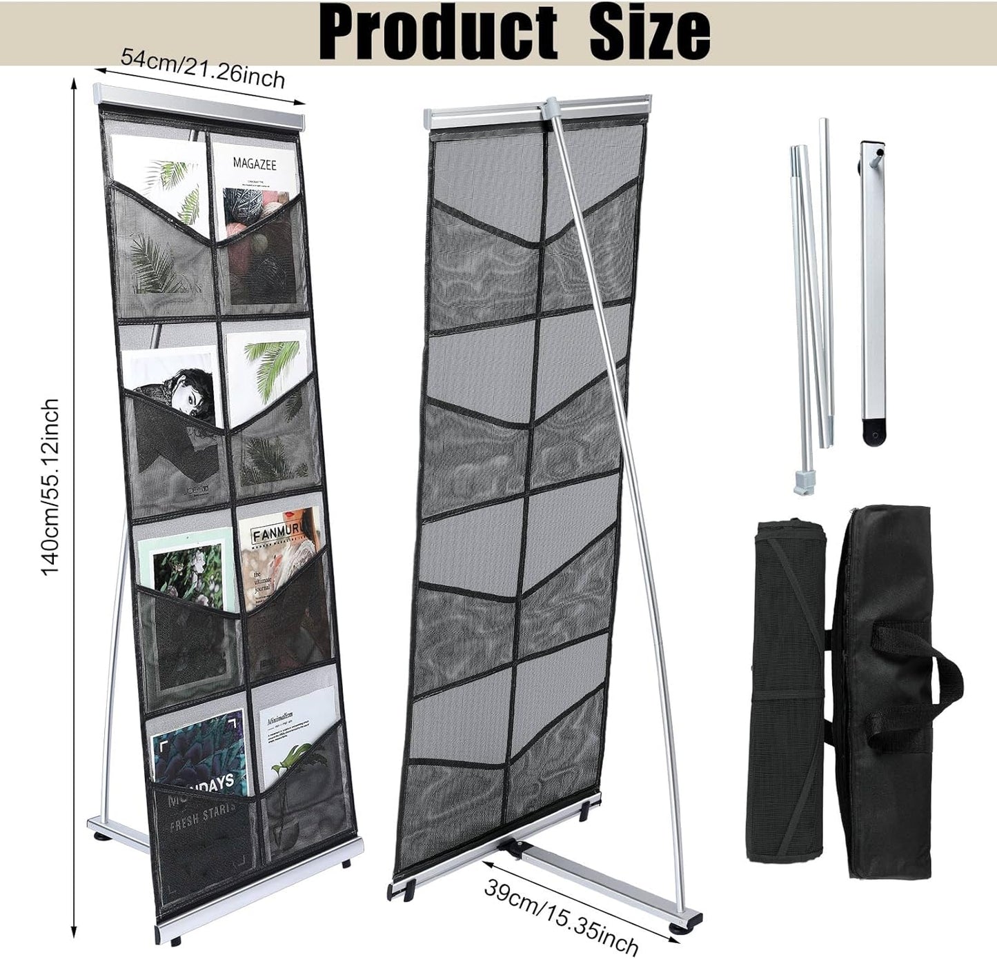Outus Mesh Literature Brochure Holder with 8 Pocket Portable Magazine Display Roll Up Magazine Rack Lightweight Floor Standing Catalog Office Brochure Display Stand for Business Trade Shows (Black)