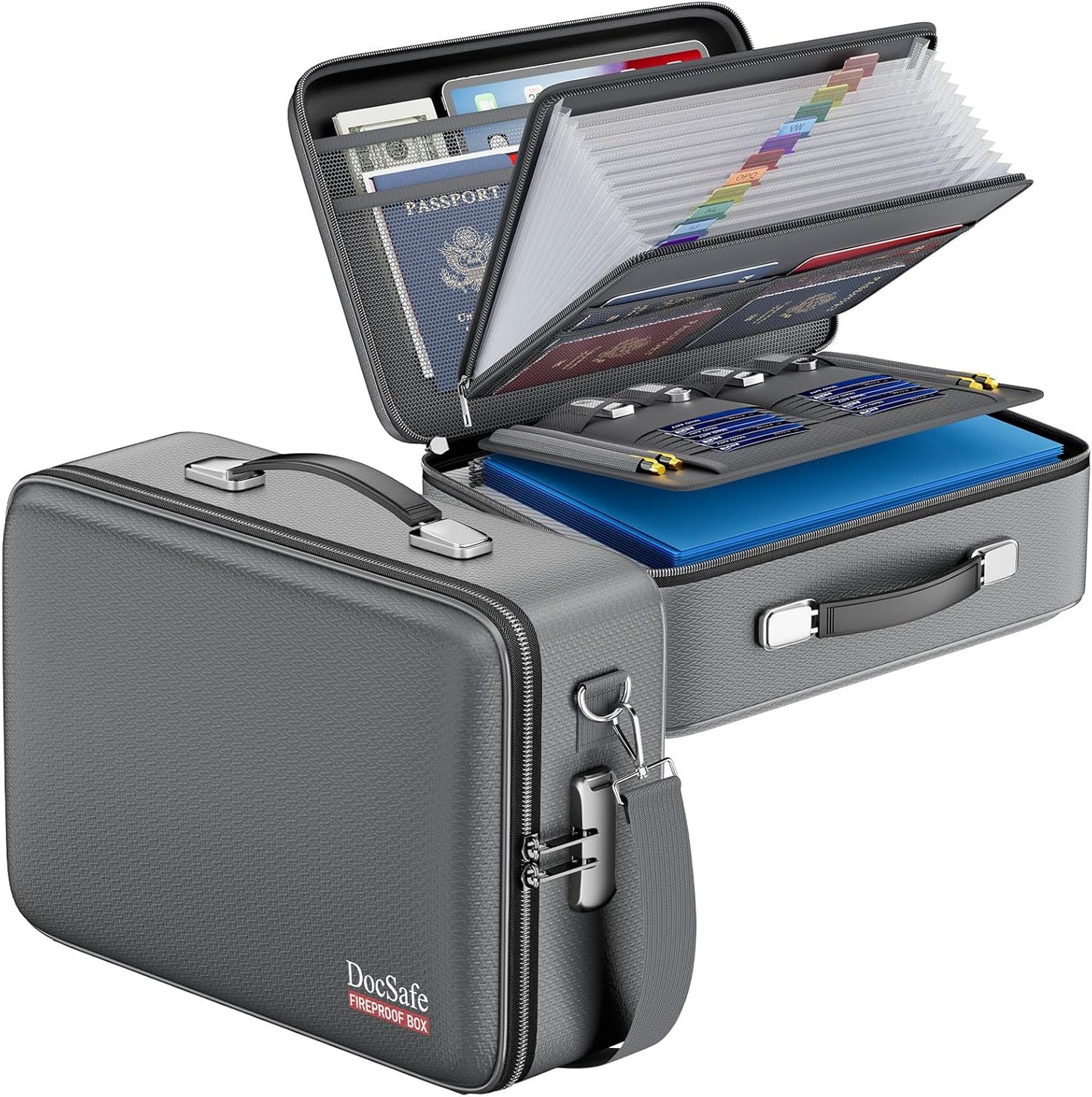DocSafe Fireproof Document Box with Lock＆Shoulder Strap,Hard Case File Organizer with Accordion File Folder,Multi-Layer Portable Home Office Travel Safe Storage for Important Documents Laptop Gray