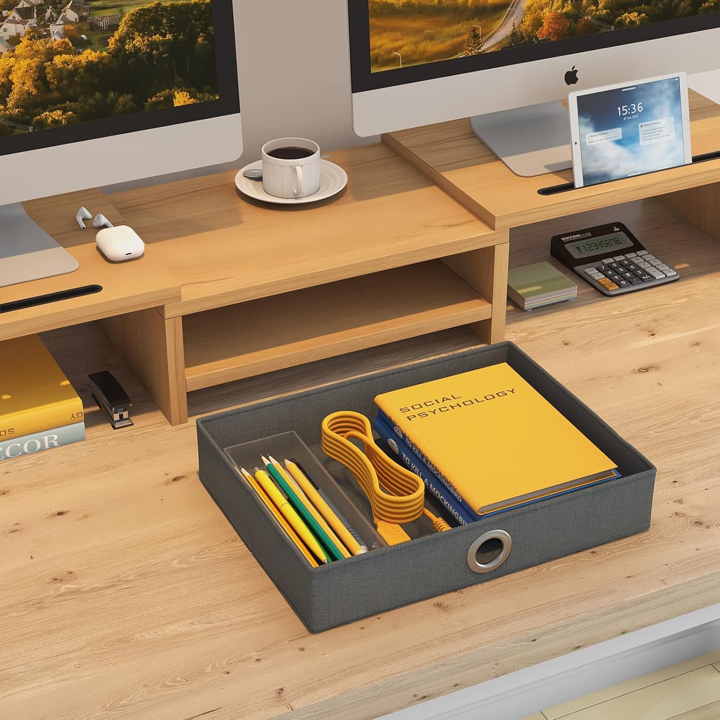 WESTREE Dual Monitor Stand Riser with Drawer - Adjustable Length and Angle, 2 Phone Hold, Desktop Organizer for Computer/Laptop/PC/Printer