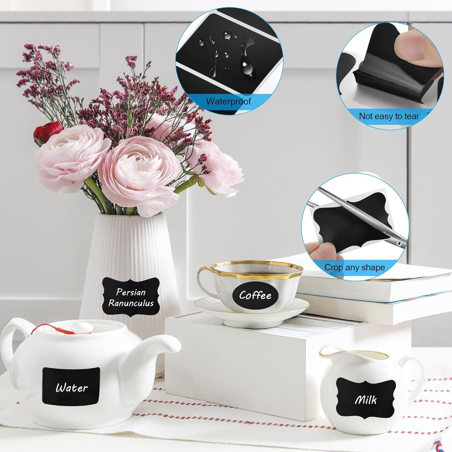 Chalkboard Labels - 300pcs Waterproof Reusable Blackboard Stickers with 2 Free Erasable White Chalk Marker, Mini Decorative Chalk Labels for Jars Containers Kitchen Home Pantry Office