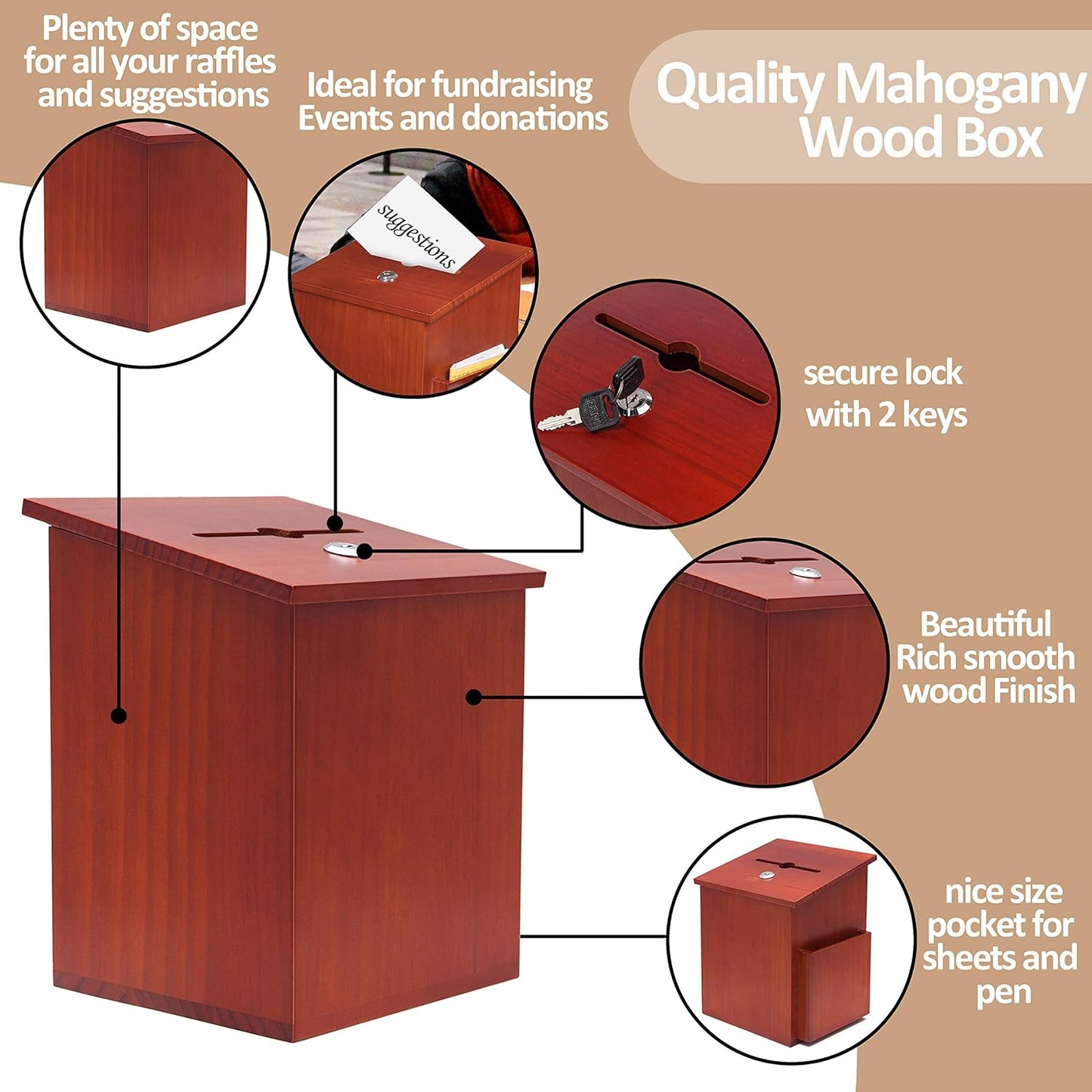 Wood Charity Donation collection Box Office suggestion Ballot Box With wide slot for envelopes and suggestion comment forms, side Pocket and Locking Hinged Lid & Pen for Table Or Counter-top(Mahogany)