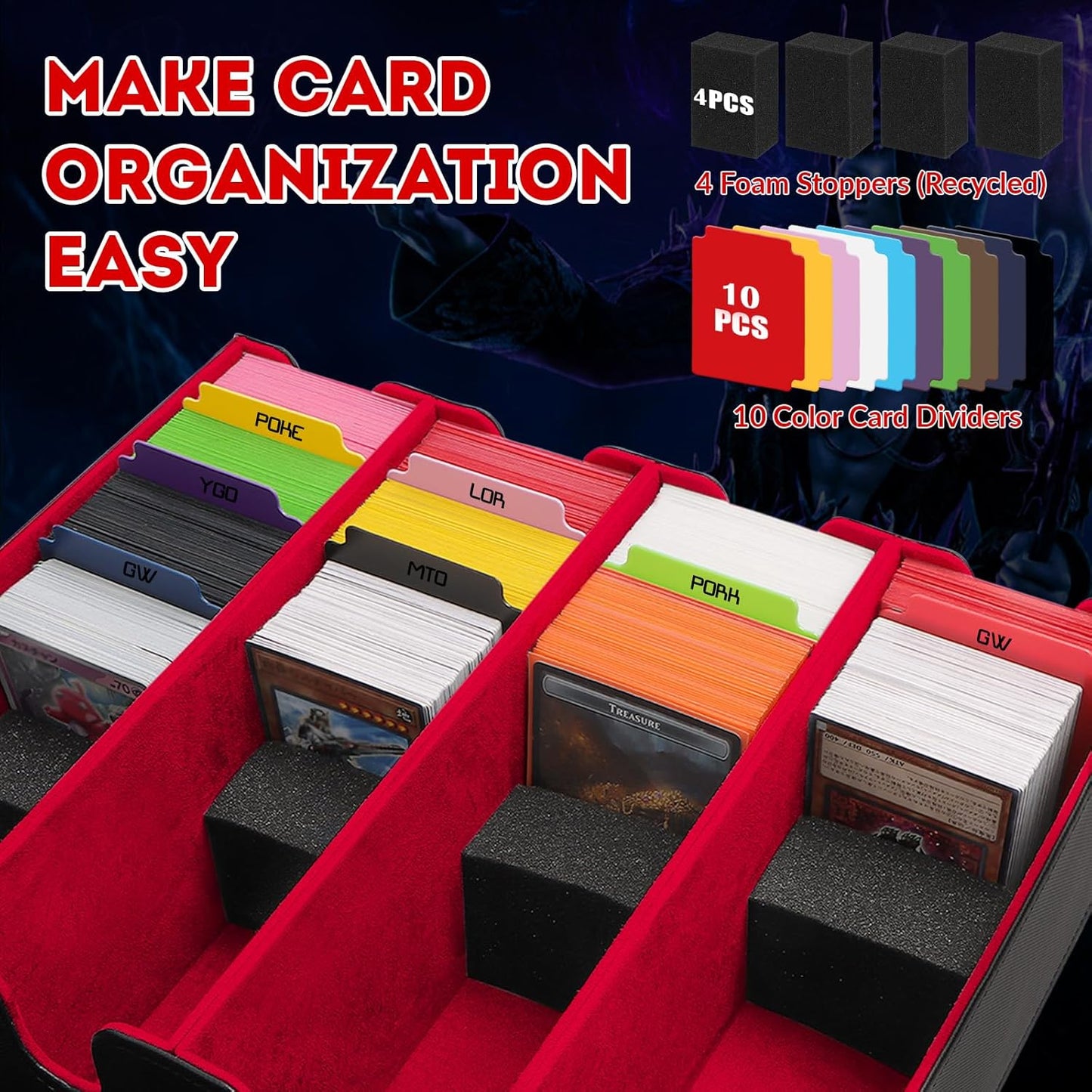 PU Leather Card Storage Box - 2800 Card Deck Case with Magnetic Closure, 10 Dividers & 4 Stoppers, Suitable for MTG, YuGiOh & Sports Cards