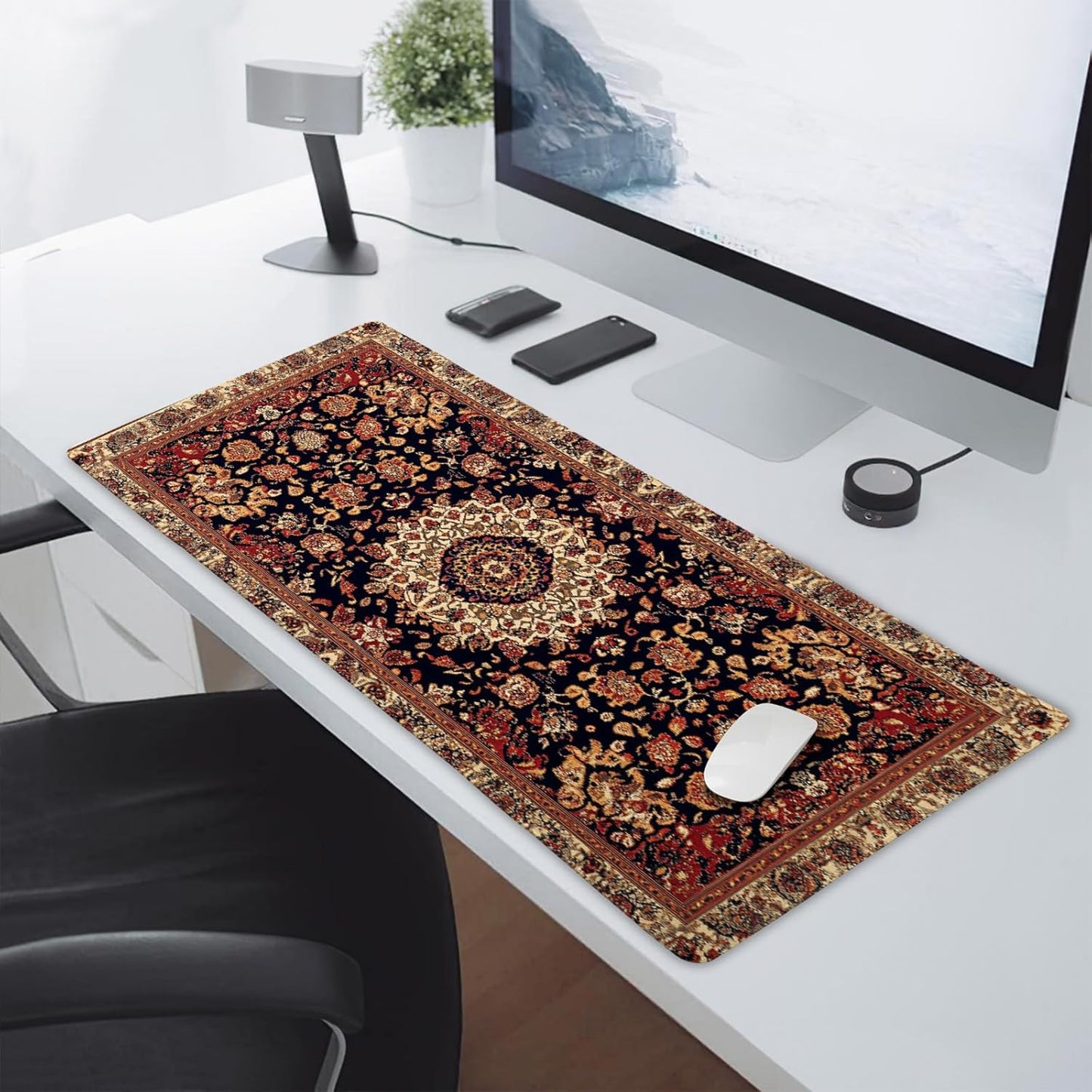Vintage Rug Gaming Mouse Pad XXL Dark Brown Retro Carpet Aesthetic Extended Large Mat Mousepad Desk Pad Non-Slip Rubber Base Stitched Edge Flower Keyboard Pad Playmat for Computer,35.4×15.7 Inch