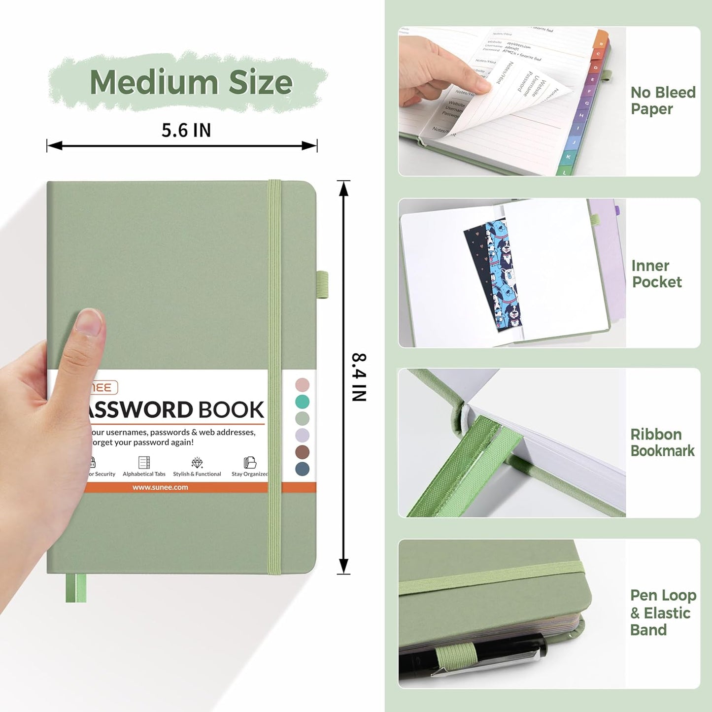 SUNEE Password Book with Colorful Alphabetical Tabs, Password Books for Seniors, Password Keeper Book for Computer and Internet Address Website Login, 5.3''x 7.7''- Sage Green