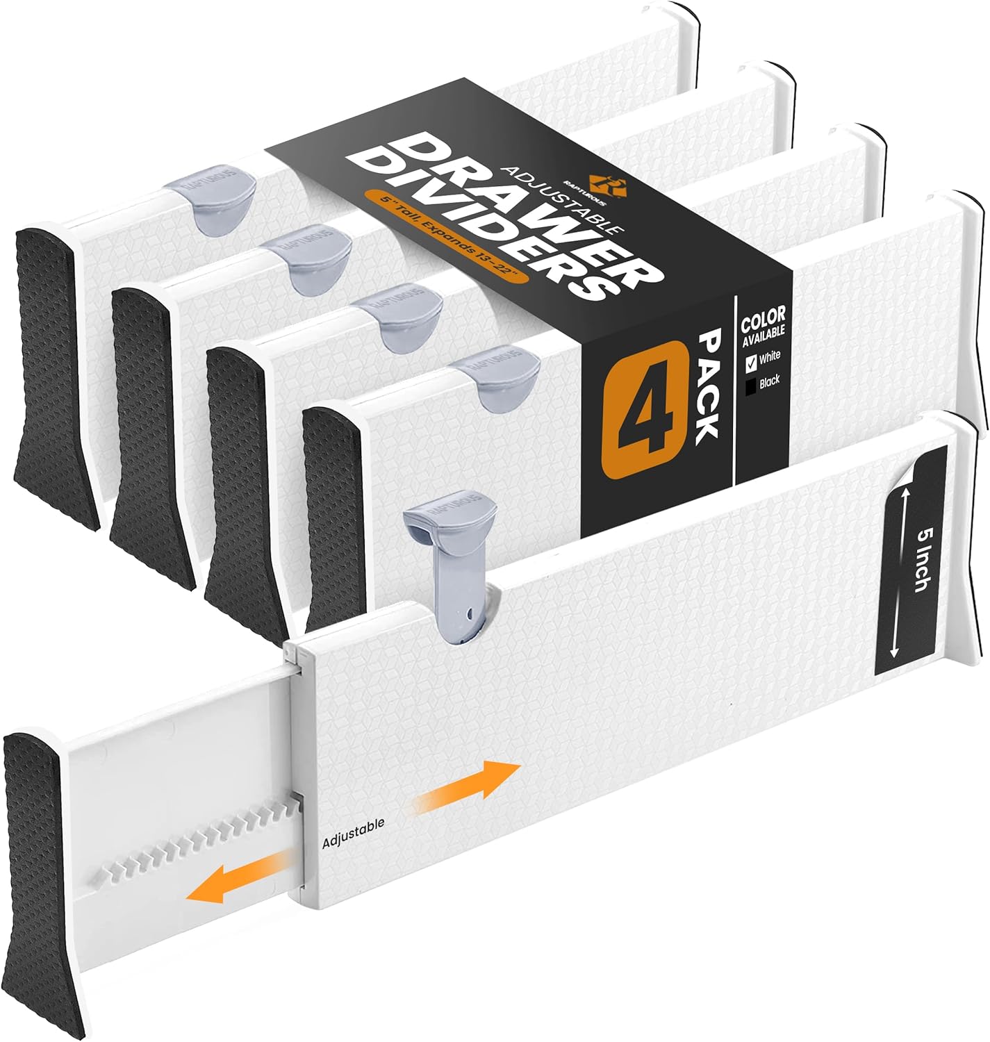 RAPTUROUS Adjustable Deep Drawer Divider – 5" Tall, Expandable 13-22", 4-Pack, Non-Slip Drawer Dividers for Clothes, Dresser, Kitchen & Office Organization (White)