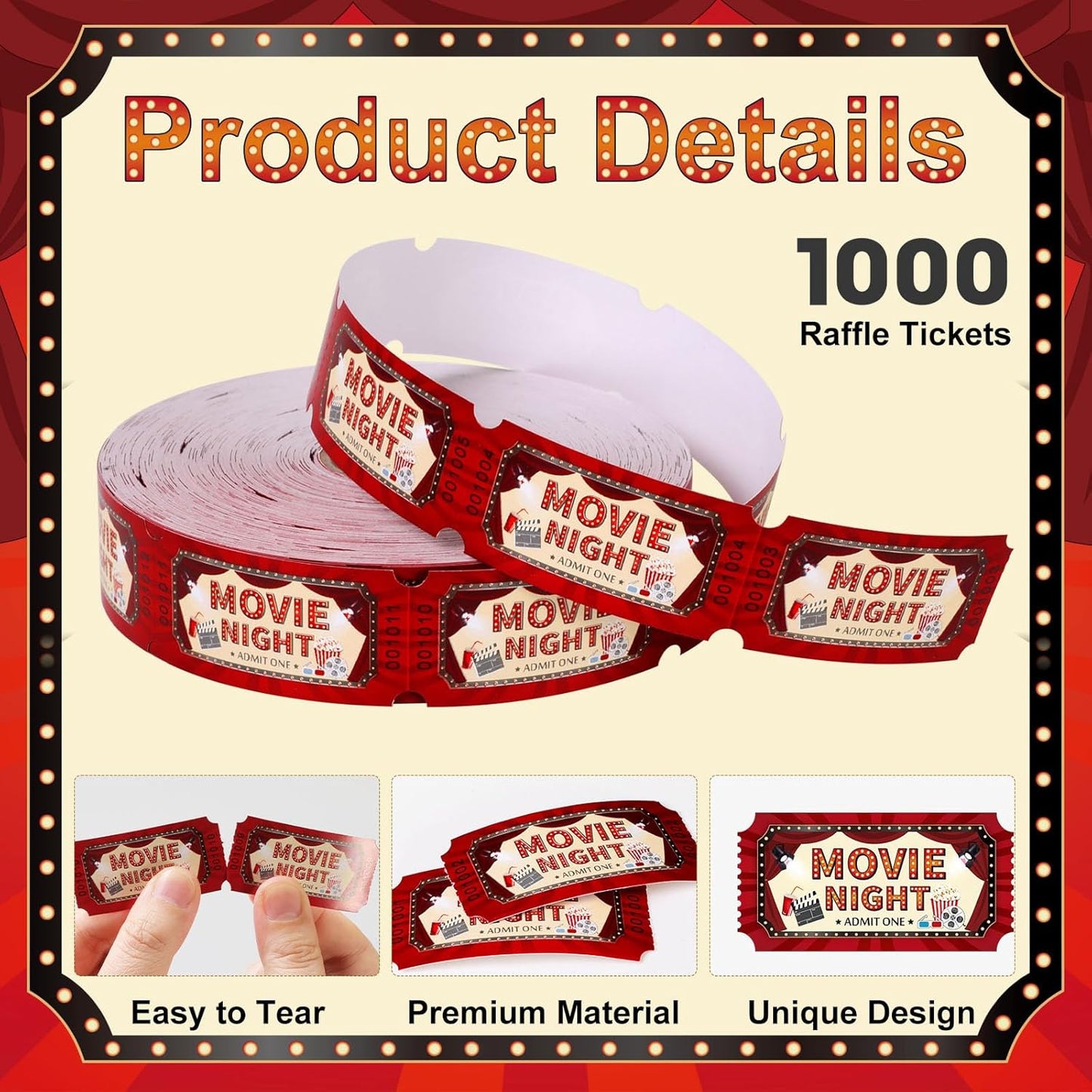1000 Pcs Carnival Movie Tickets Roll Movie Night Theme Party Decorations Raffle Tickets Party Entry for Events Carnival Favors Supplies