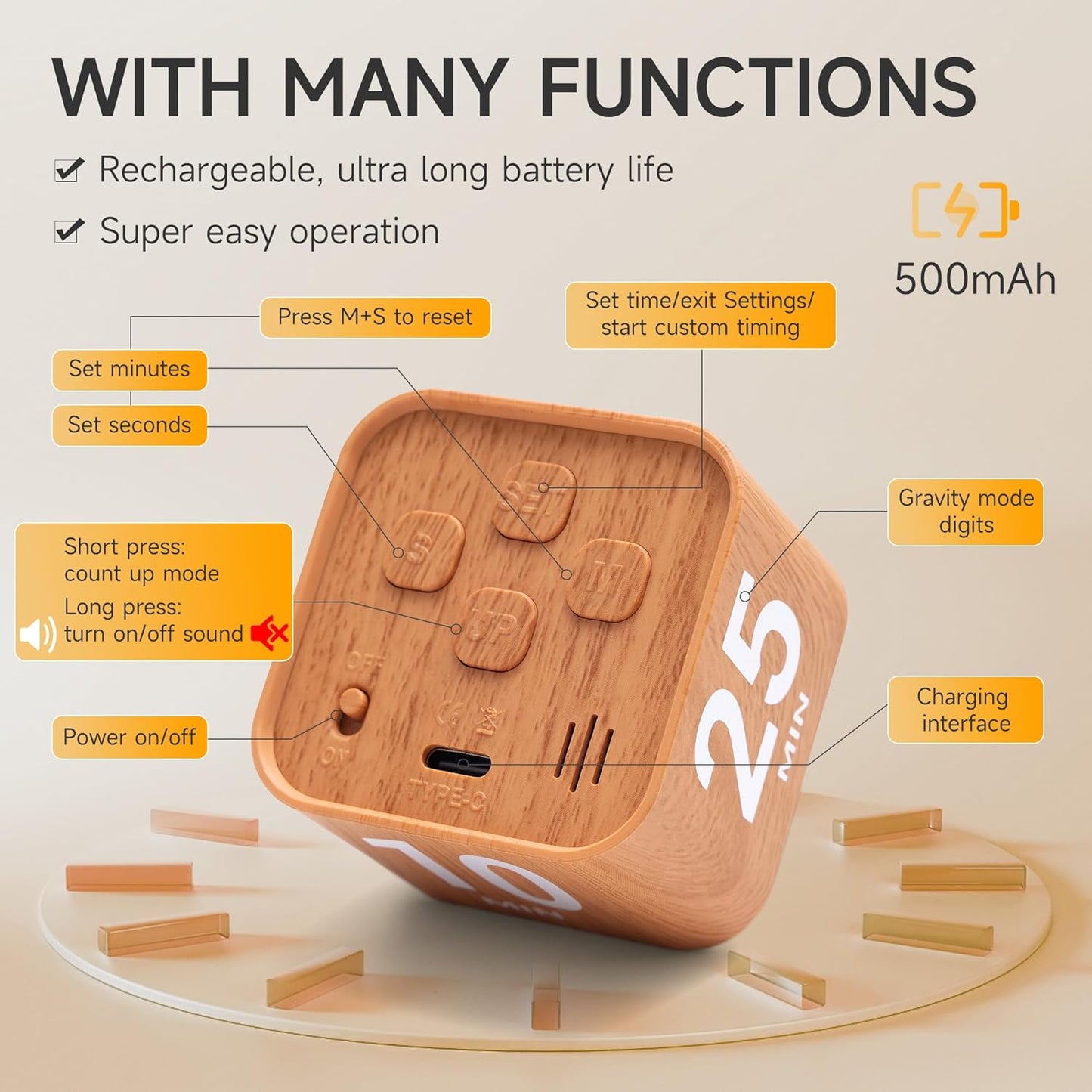 Rotating Productivity Timer 5, 25, 10, 50 Minutes Preset, Desk Cube w/Gravity Sensor for ADHD, Mute Functions, Ideal for Work, Study, Kitchen, Back to School (1, Wood Grain Finish)