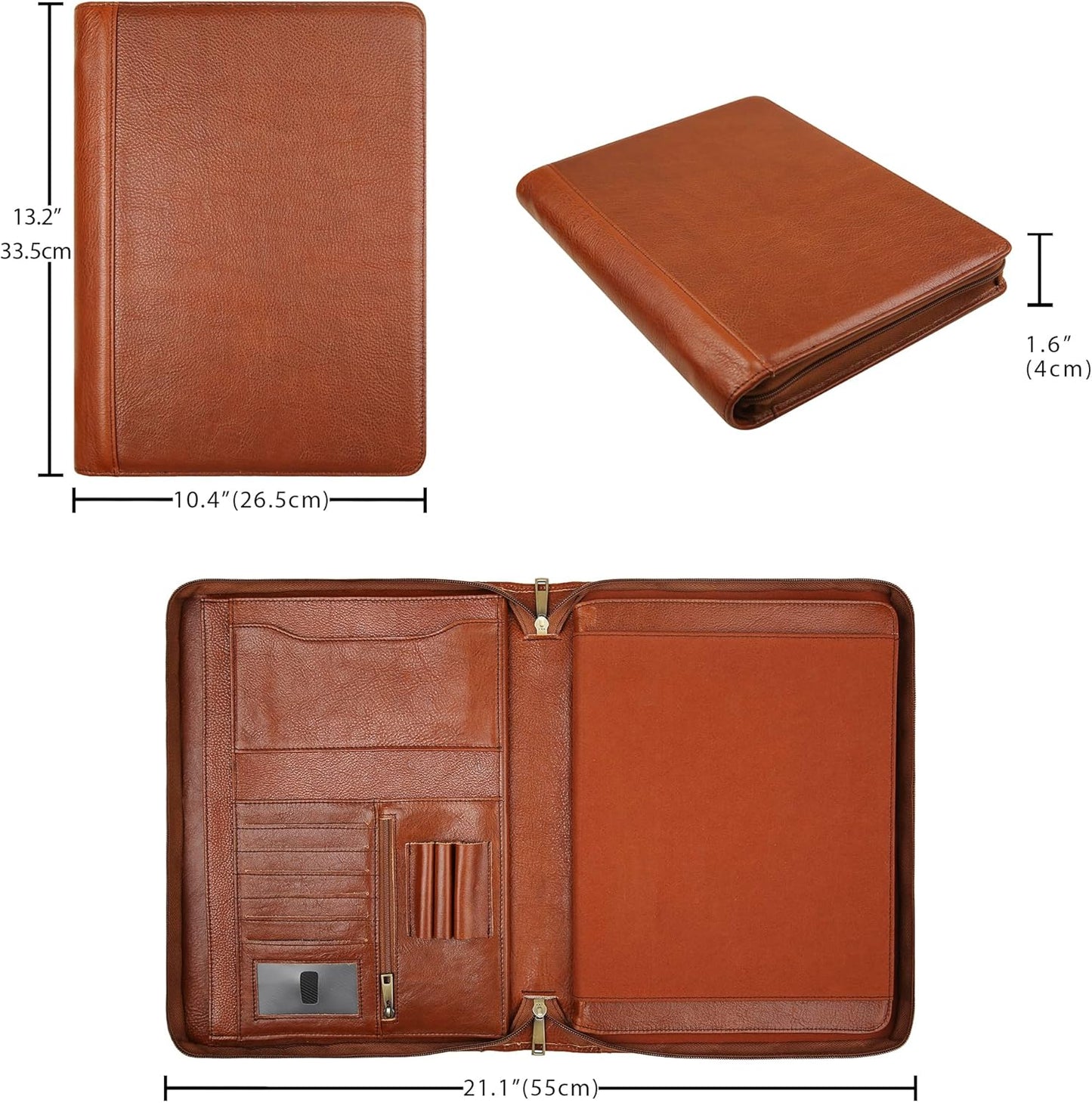 Handmade Genuine Leather Portfolio Organizer for IPad/Document, Business Padfolio with A4 Leather Notepad Holder, Leather Compact Folder Conference Portfolio for Men and Women, Oil-Brown