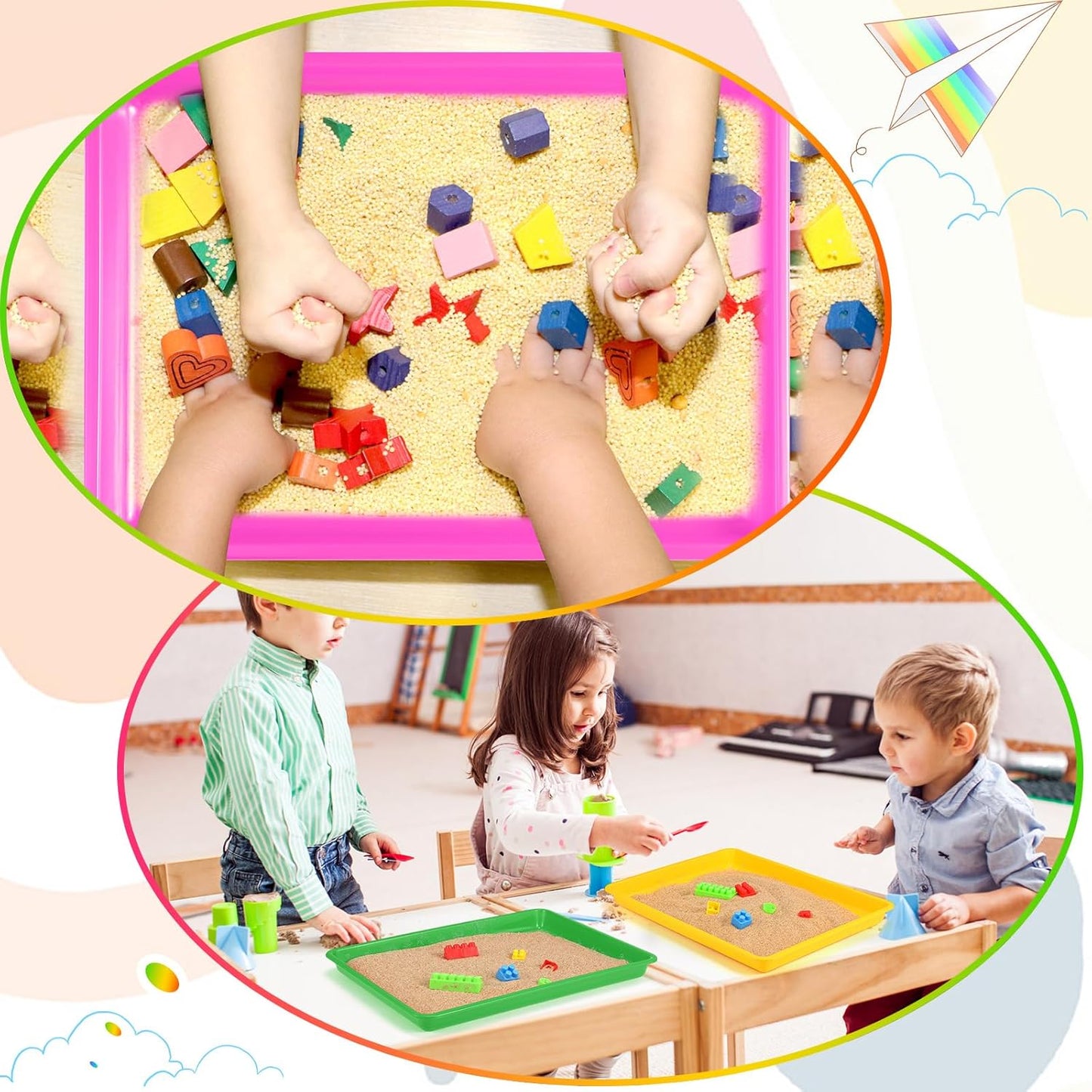 Maitys 15 Pcs Flat Plastic Trays 16.1 x 11.8'' Sensory Storage Paper Tray Stackable Classroom Bins for Office Home Organizer Crafts Supplies(Bright Color)