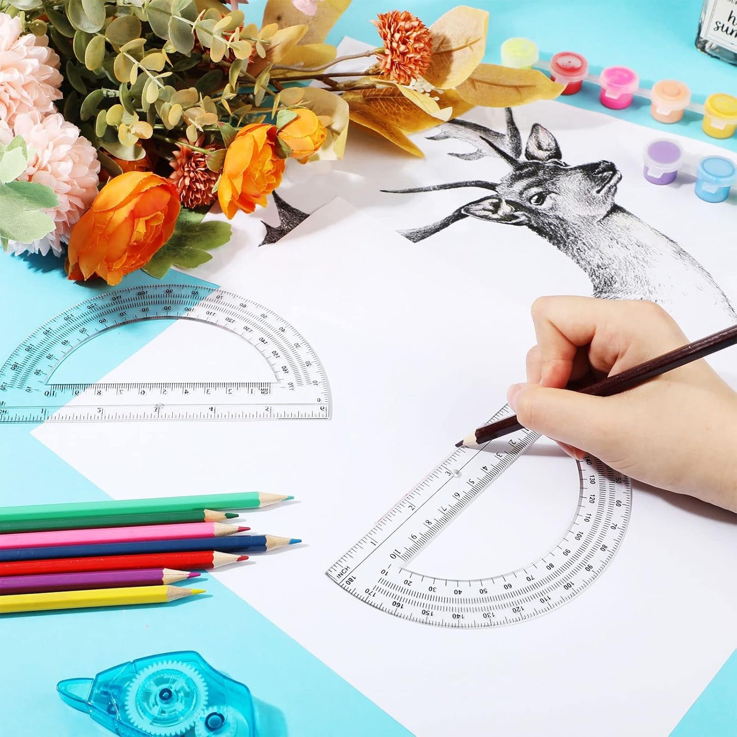 Zonon 2 Pcs 6 Inch Plastic Protractor Math Protractors 180 Degrees Angle Measurement, Translucent for Geometry Classroom Kid Student School Office Supplies(Clear)