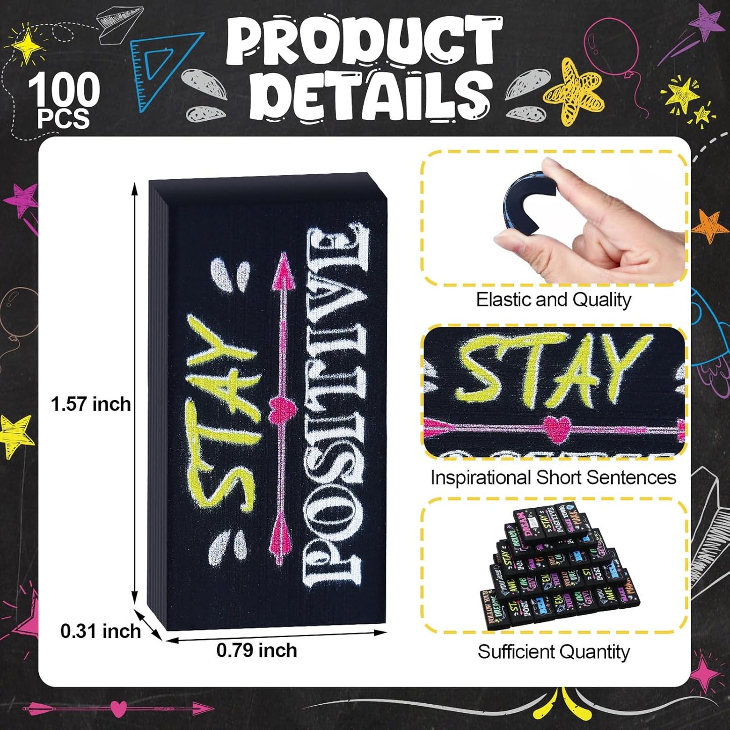 100 Pcs Inspirational Pencil Erasers Bulk for Kids Fun Motivational Eraser School Supplies Back to School Office Supplies for Classroom Office Teacher Artists (Colorful Chalkboard)