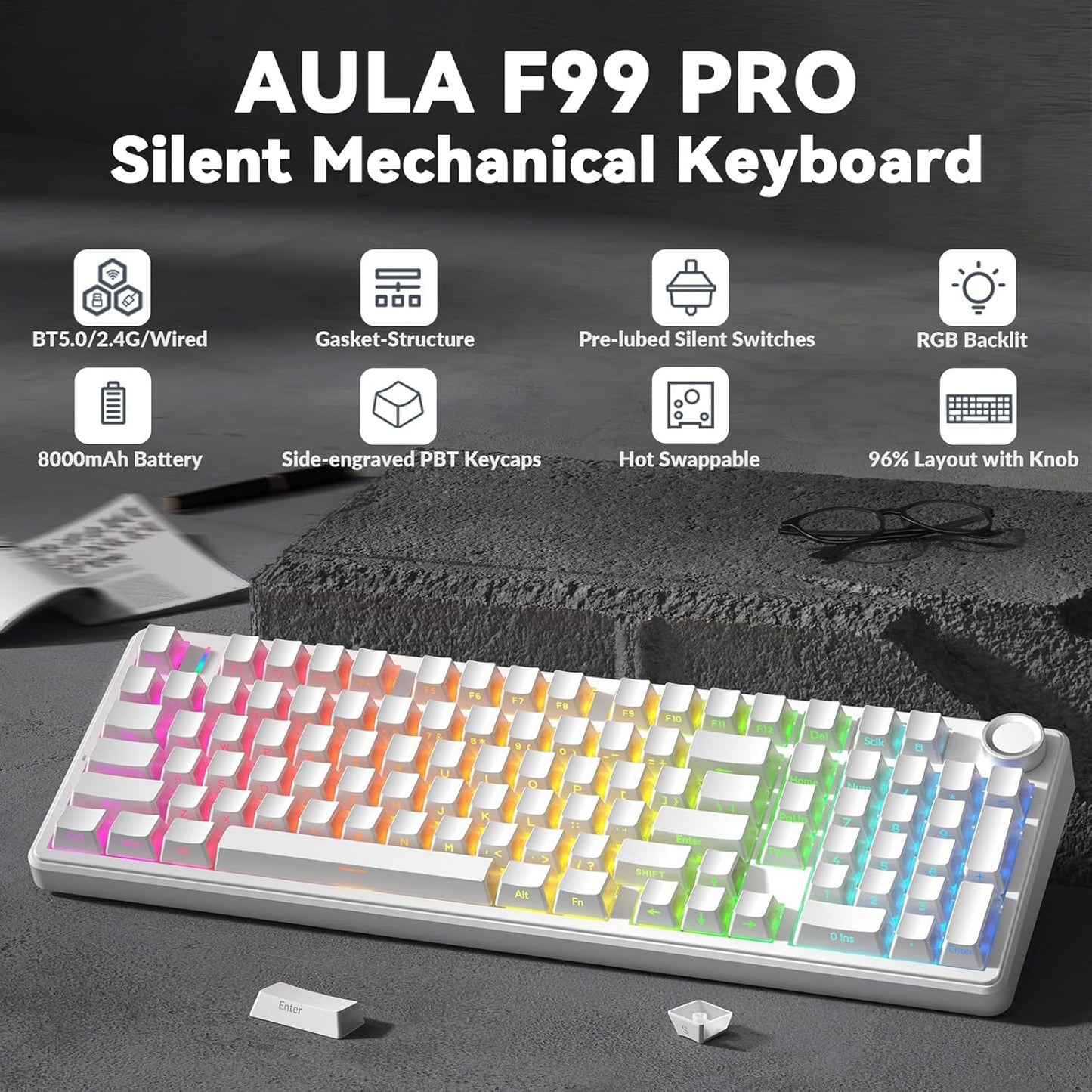 AULA F99 Pro Wireless Mechanical Keyboard-Silent Version,BT5.0/2.4GHz/USB-C Hot Swappable Custom Keyboard,Gasket Structure,Pre-lubed Linear Switches RGB Backlit Computer Gaming Keyboards,White