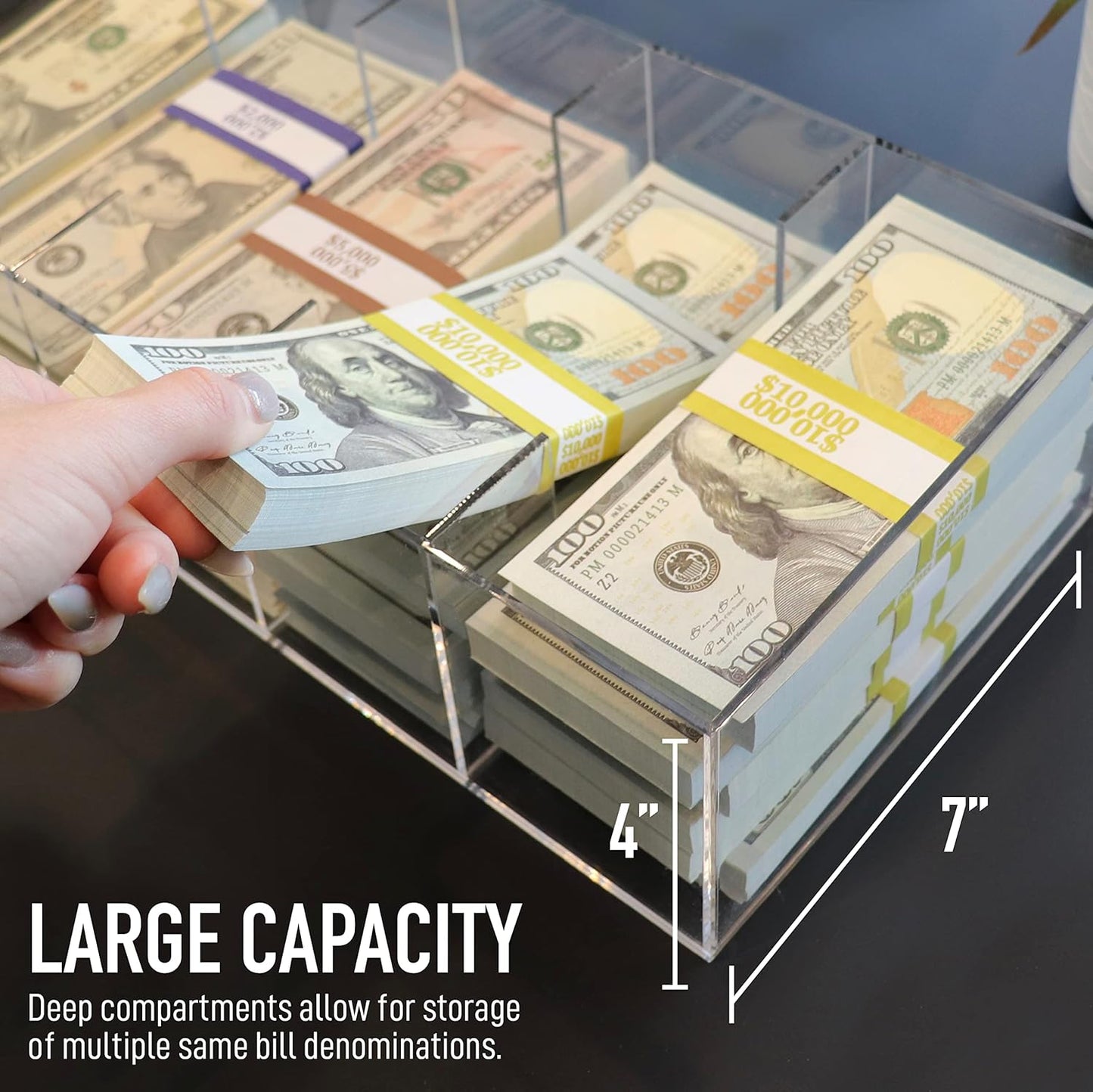 Clear Currency Tray, 5 Compartment Cash Organizer Money Storage Box, 300 Currency Wrappers Included